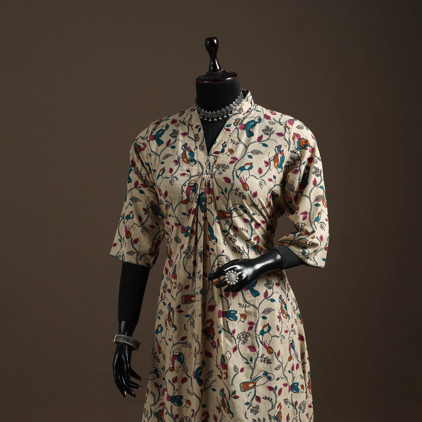 Hand embroidered printed cotton a-line kalamkari kurta