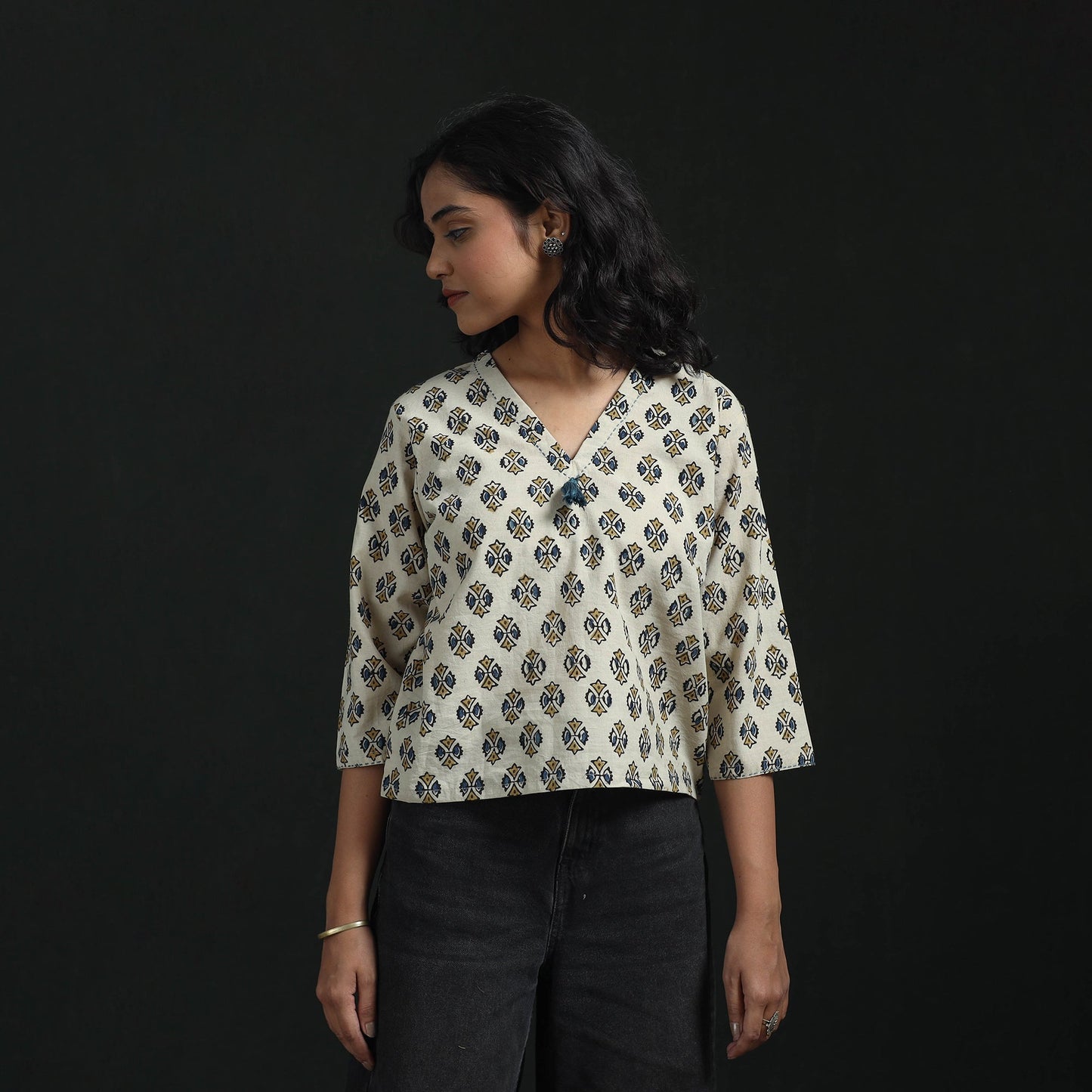 Hand embroidery block print cotton natural dyed ajrakh crop