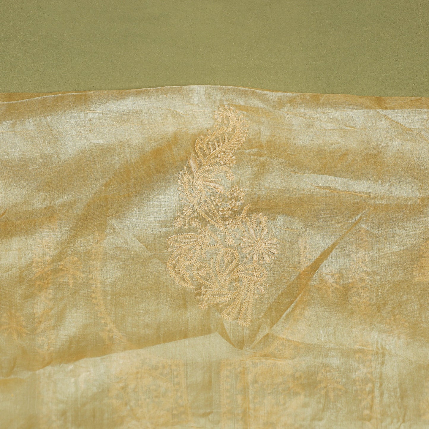 Beige Hand Embroidery Tussar Silk Chikankari Kurta Material