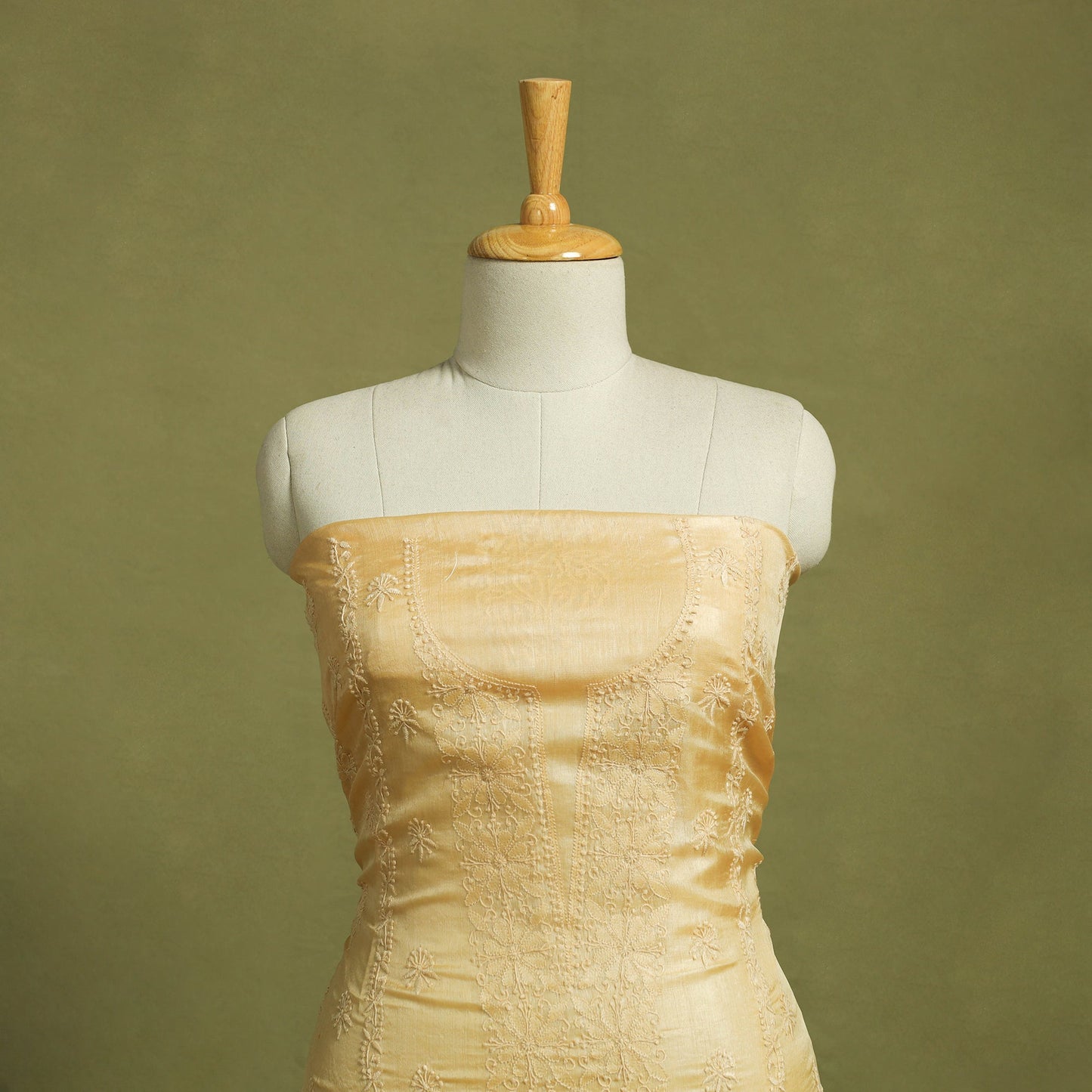 Beige Hand Embroidery Tussar Silk Chikankari Kurta Material