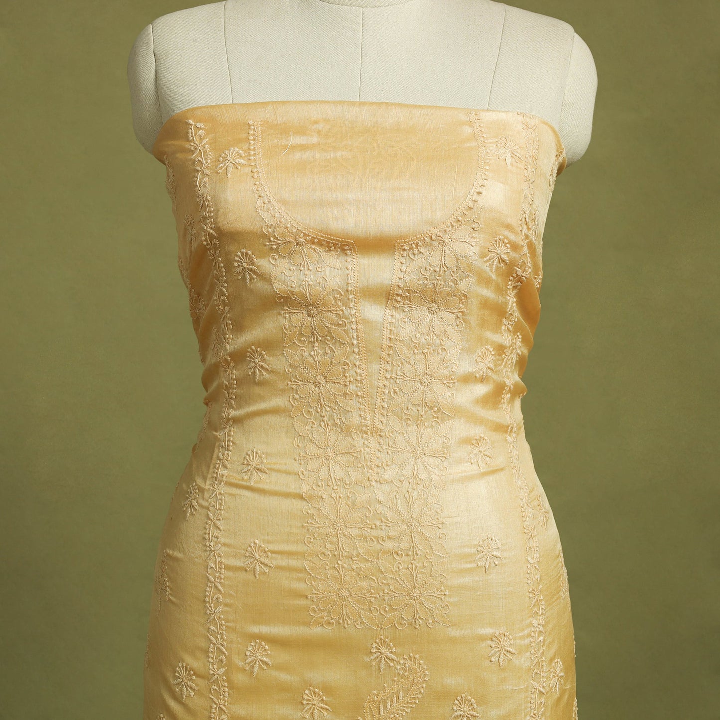 Beige Hand Embroidery Tussar Silk Chikankari Kurta Material