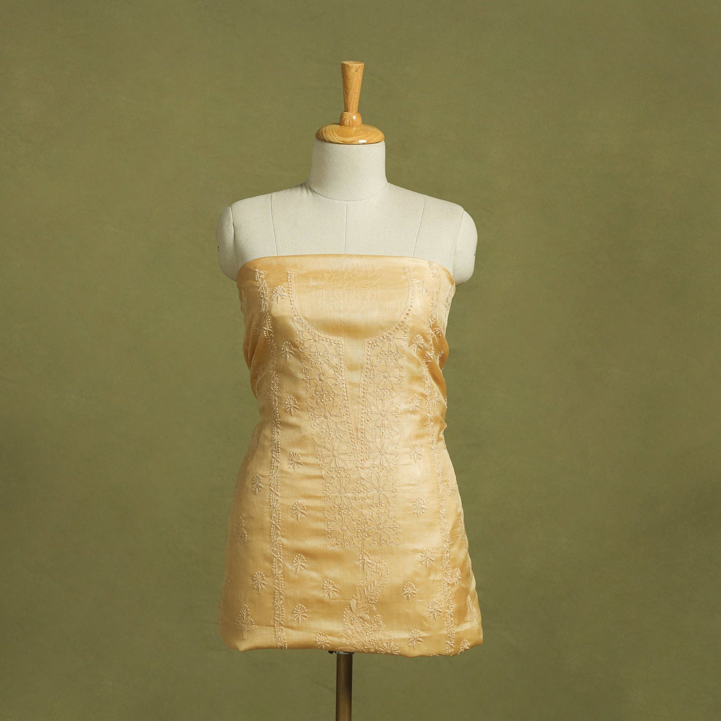 Beige Hand Embroidery Tussar Silk Chikankari Kurta Material