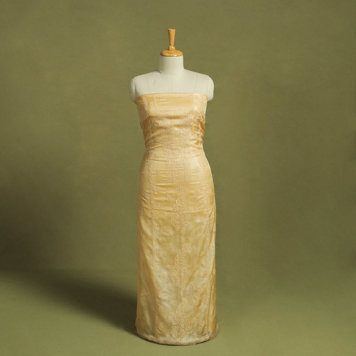 Beige Hand Embroidery Tussar Silk Chikankari Kurta Material