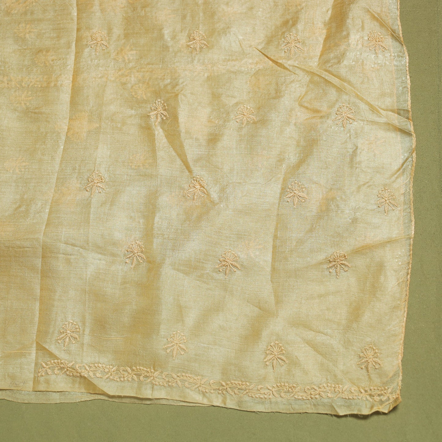 Beige Hand Embroidery Tussar Silk Chikankari Kurta Material