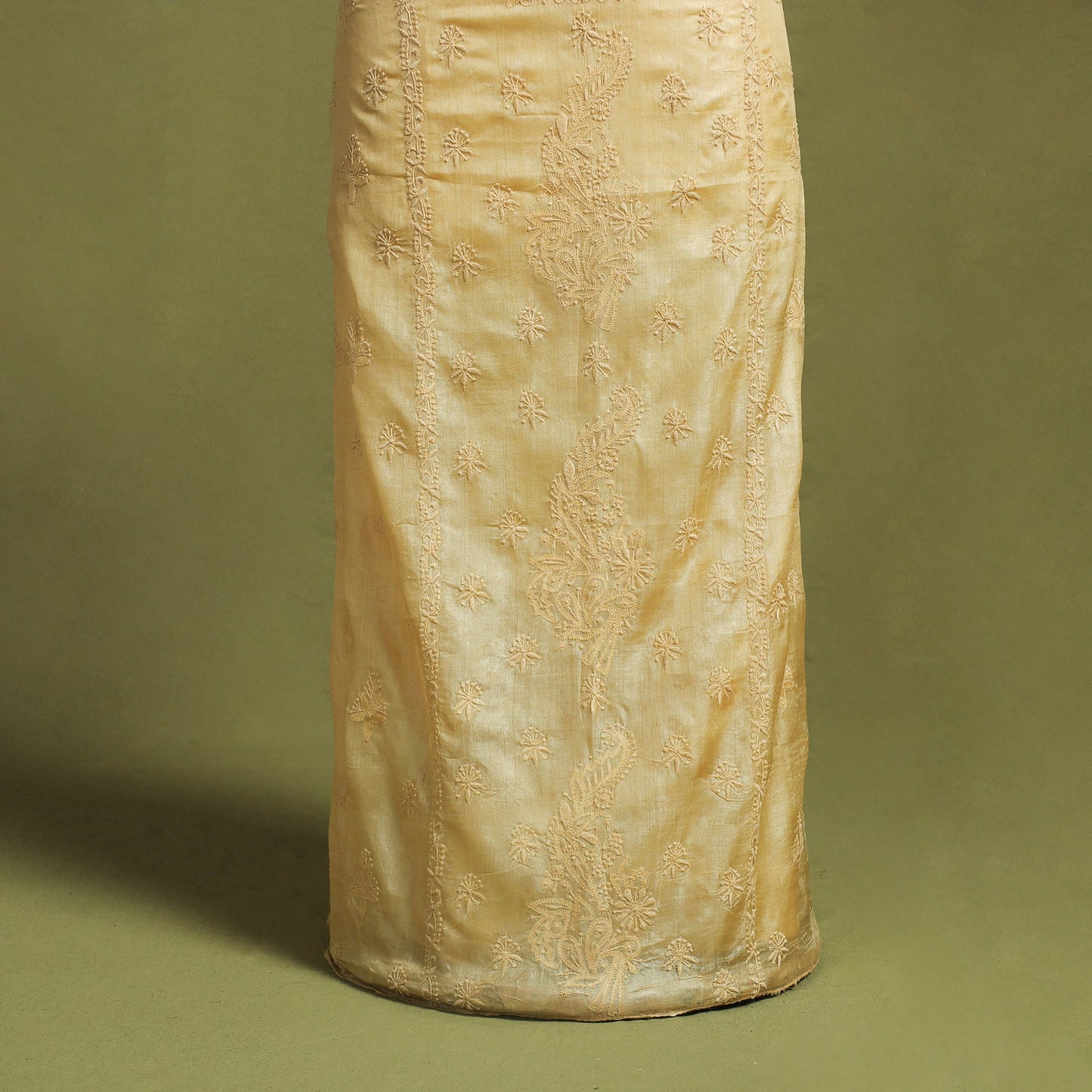 Beige Hand Embroidery Tussar Silk Chikankari Kurta Material