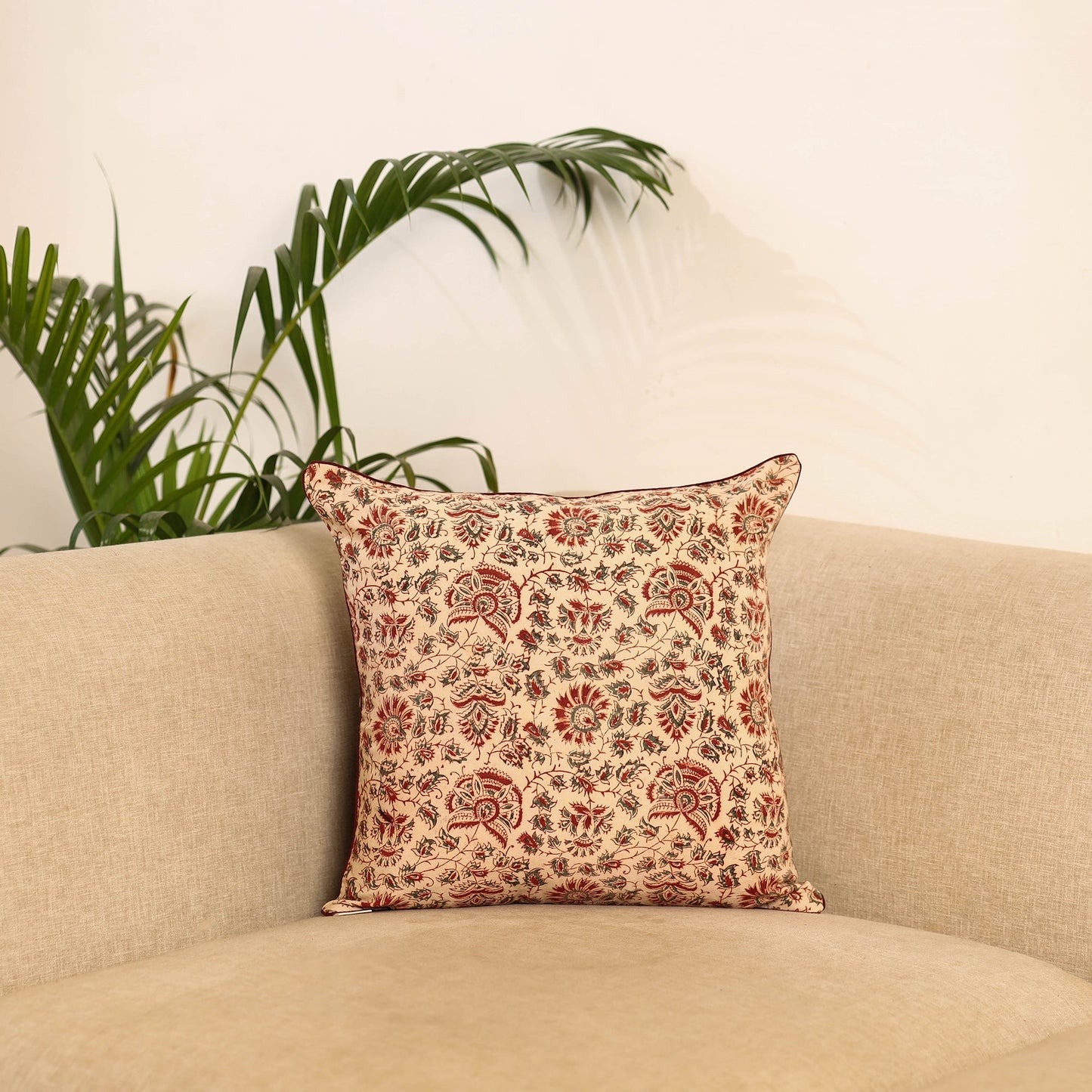 Beige - hand kalamkari cushion cover 34 - handcrafted