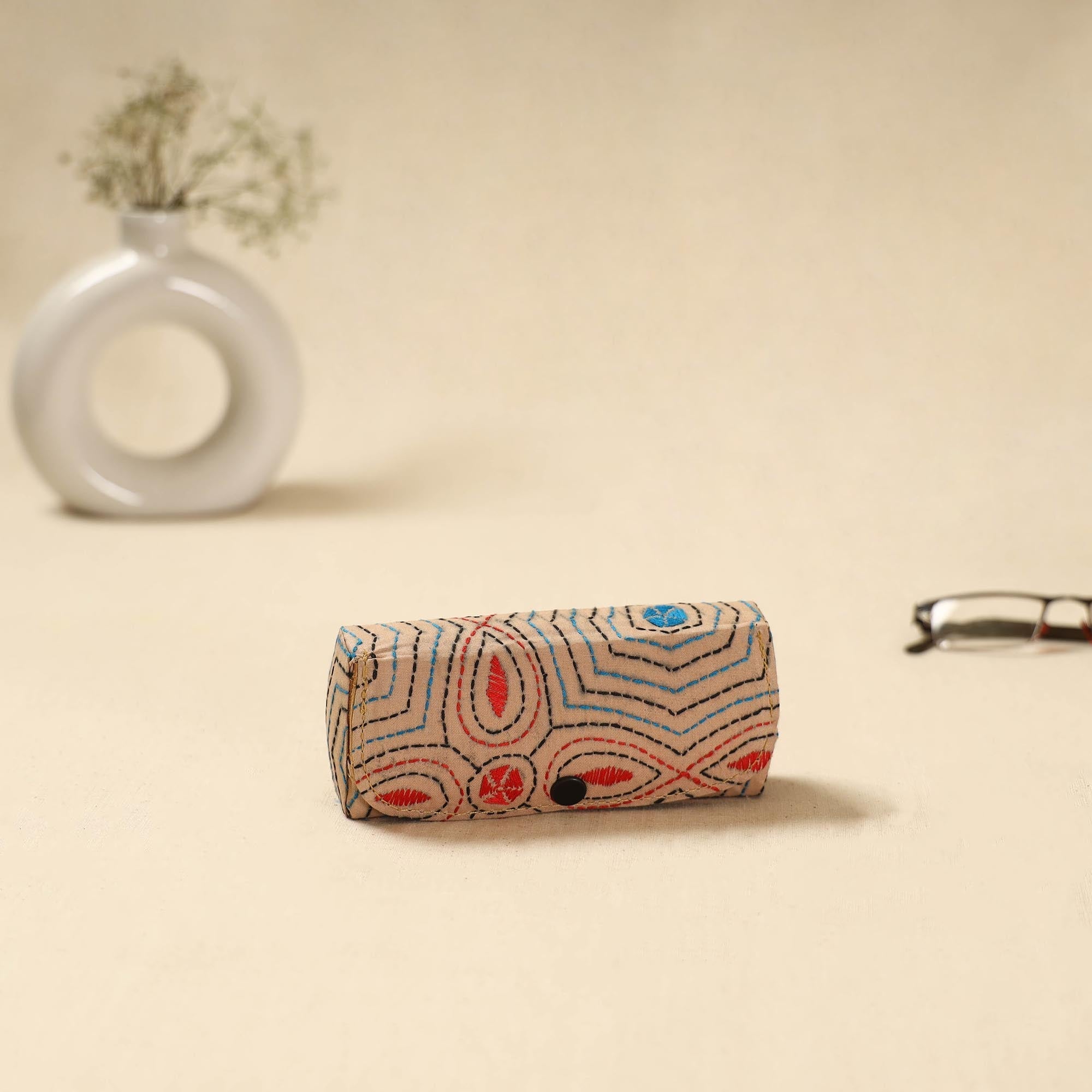 Beige - Bengal Kantha Work Handcrafted Oval Jewelry Box with Mirror