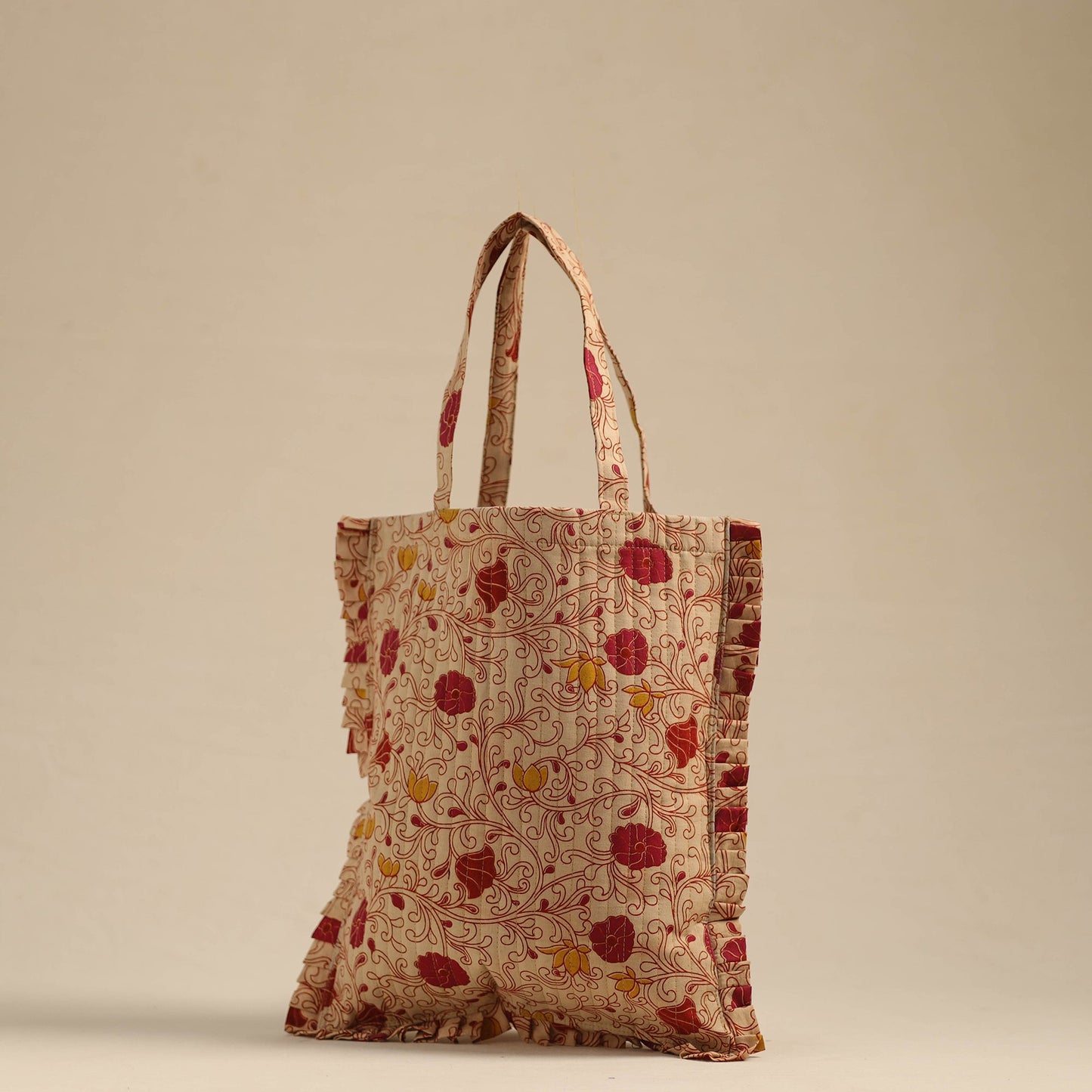 Beige Handcrafted Cotton Frill Jhola Bag Online in India