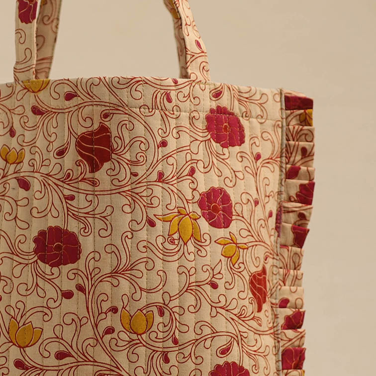Beige Handcrafted Cotton Frill Jhola Bag Online in India