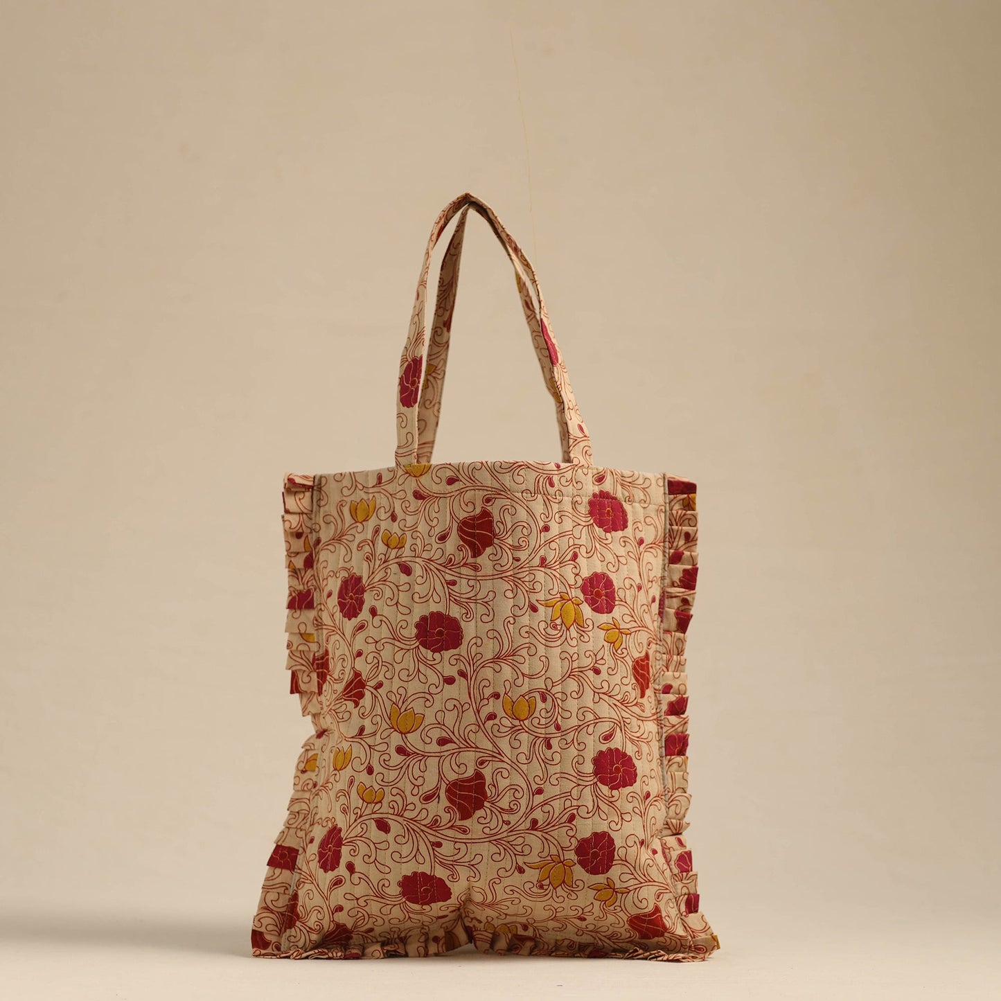 Beige Handcrafted Cotton Frill Jhola Bag Online in India