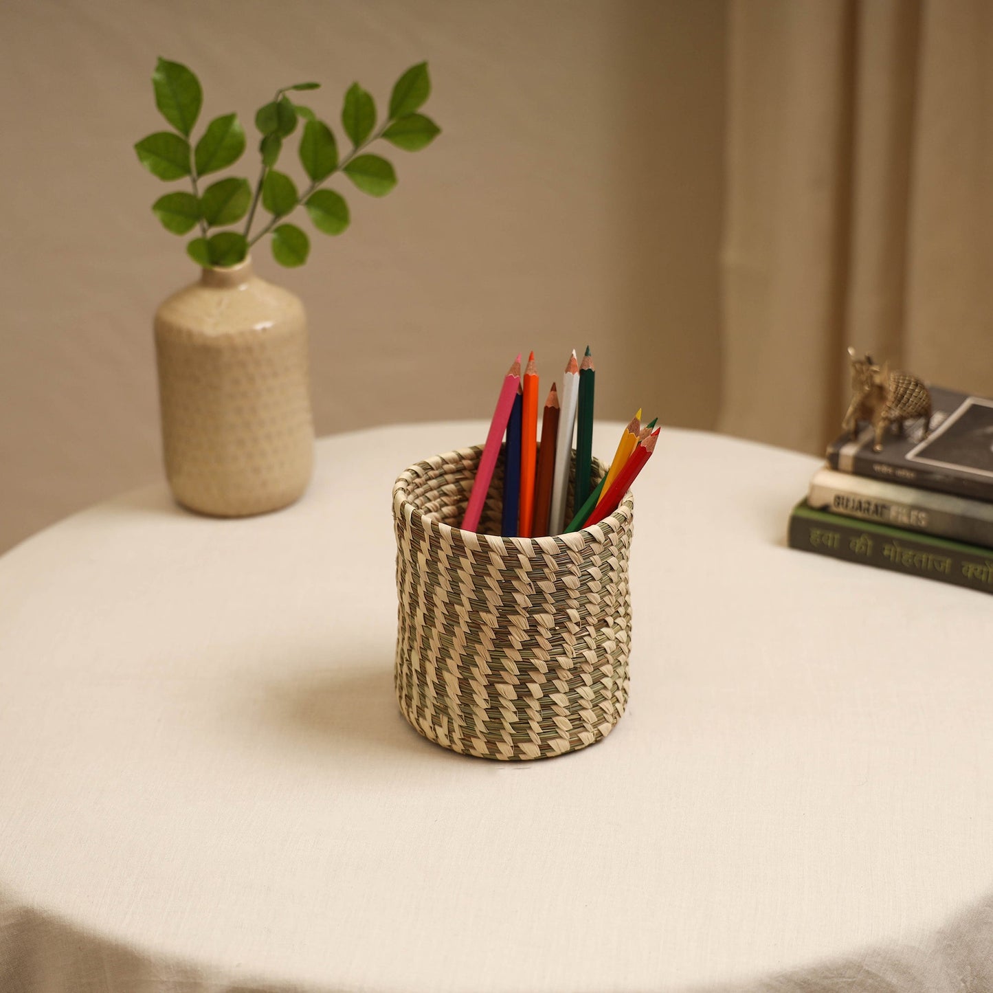 Beige - handcrafted eco-friendly sabai grass pen stand 04
