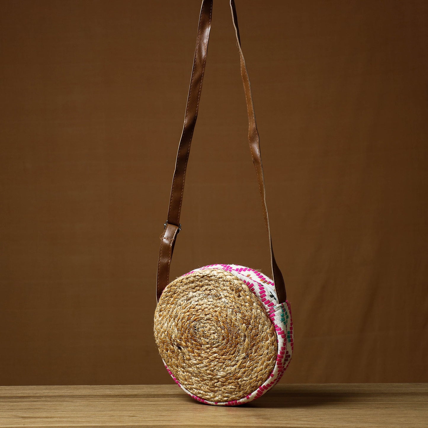 Beige Handcrafted Multipurpose Jute Round Sling Bag