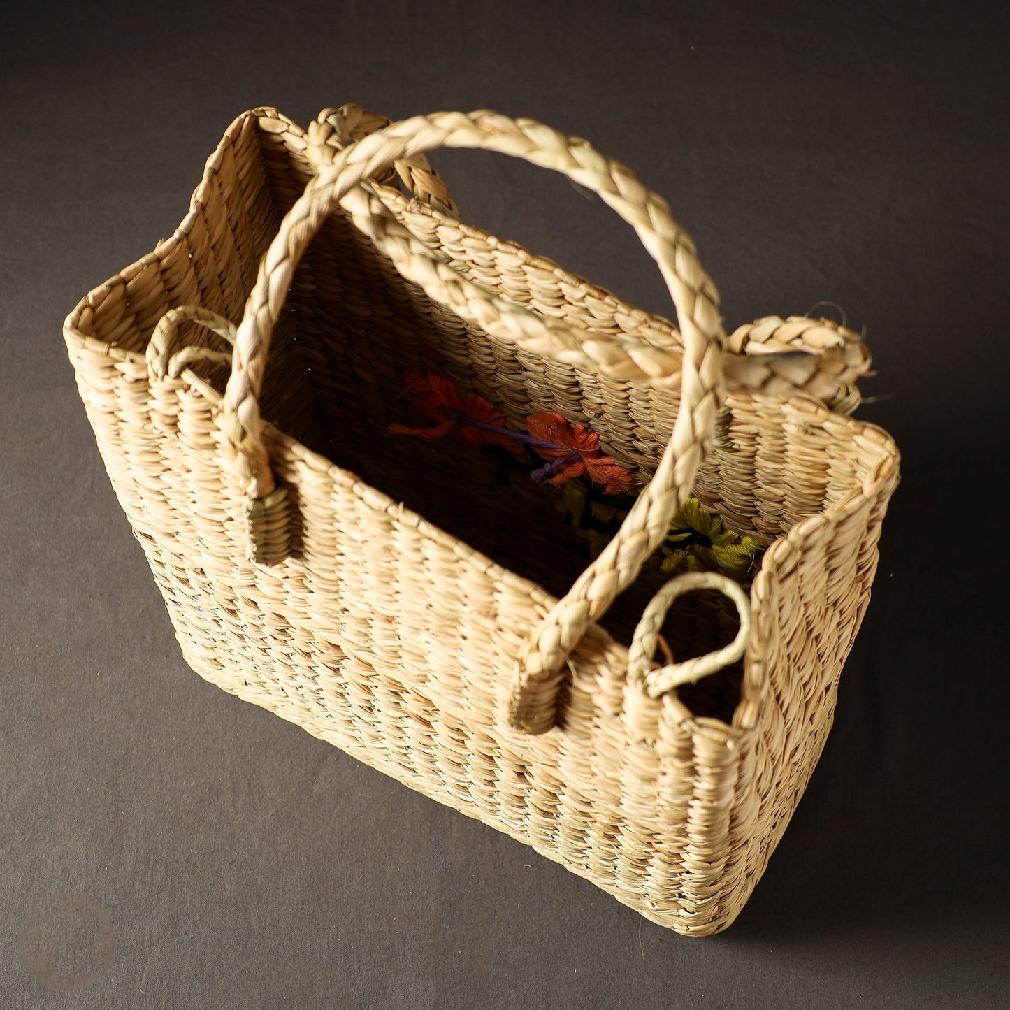 Beige Handcrafted Natural Water Reed Embroidered Shopping Bag