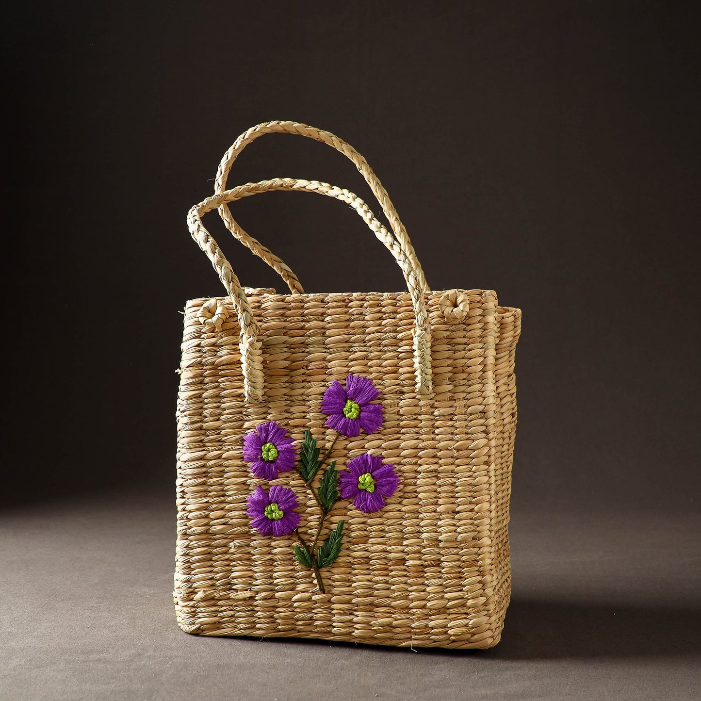 Beige Handcrafted Natural Water Reed Embroidered Shopping