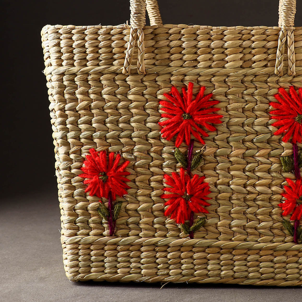 Beige Handcrafted Natural Water Reed Embroidered Shopping Bag