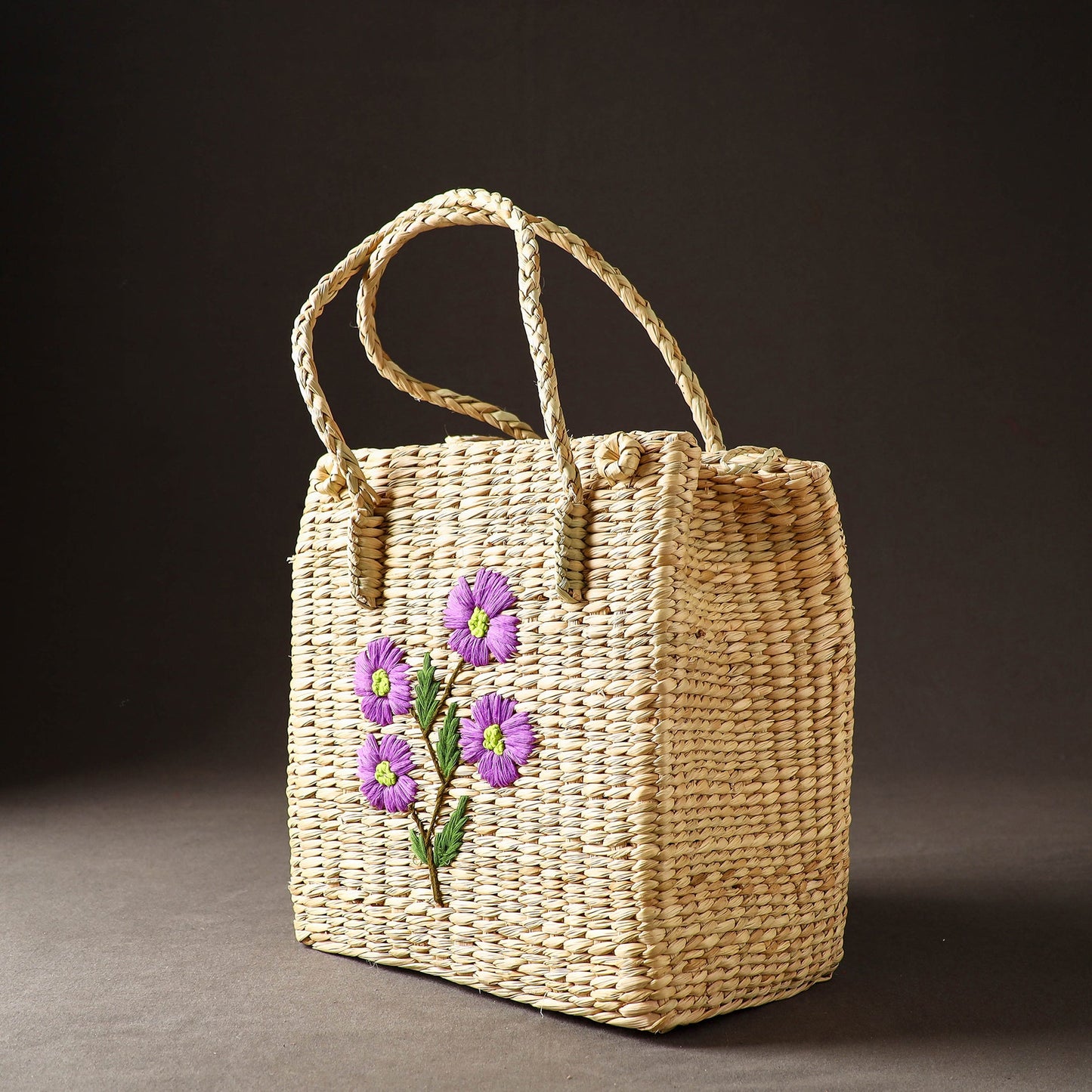 Beige Handcrafted Natural Water Reed Embroidered Shopping
