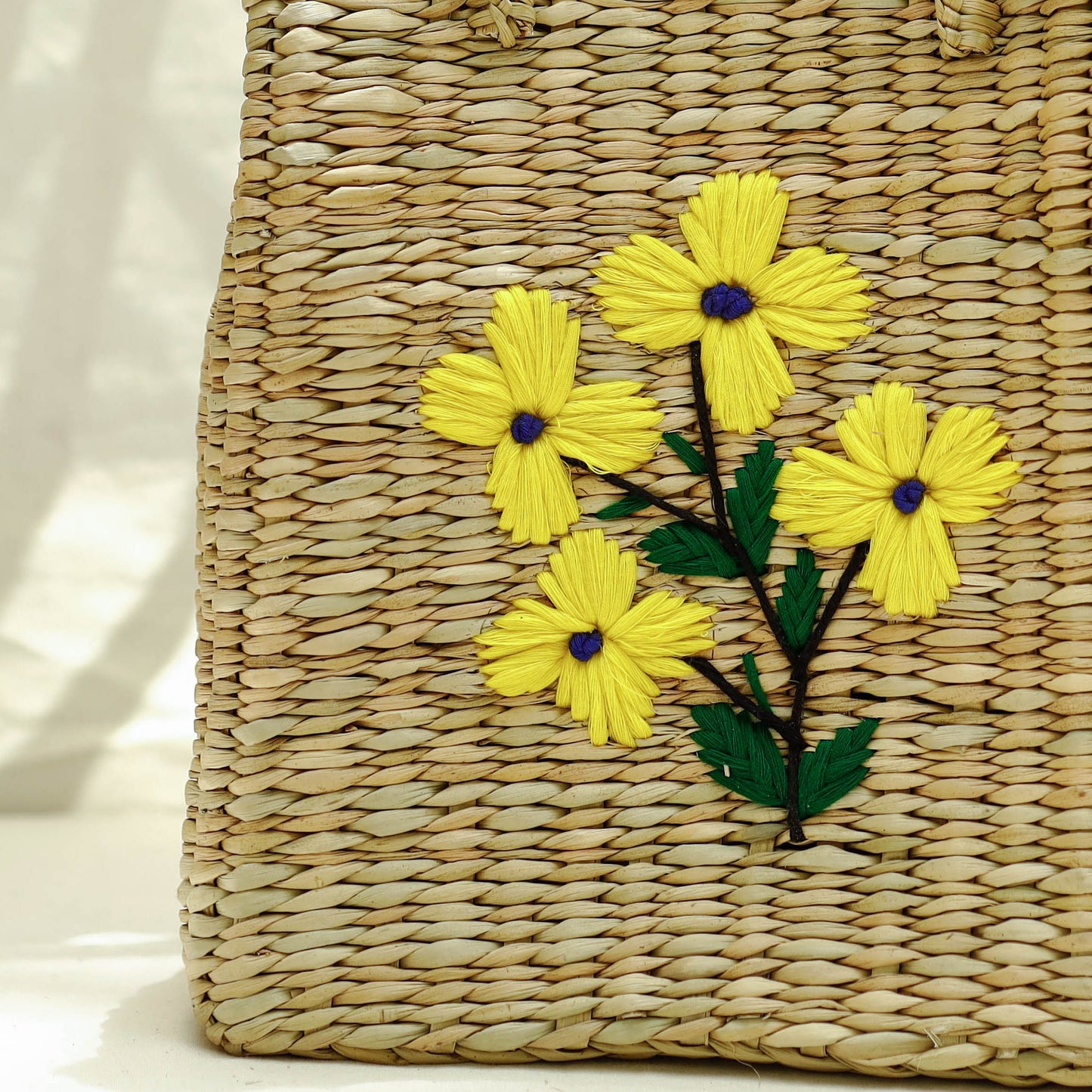 Beige Handcrafted Natural Water Reed Embroidered Shopping Bag