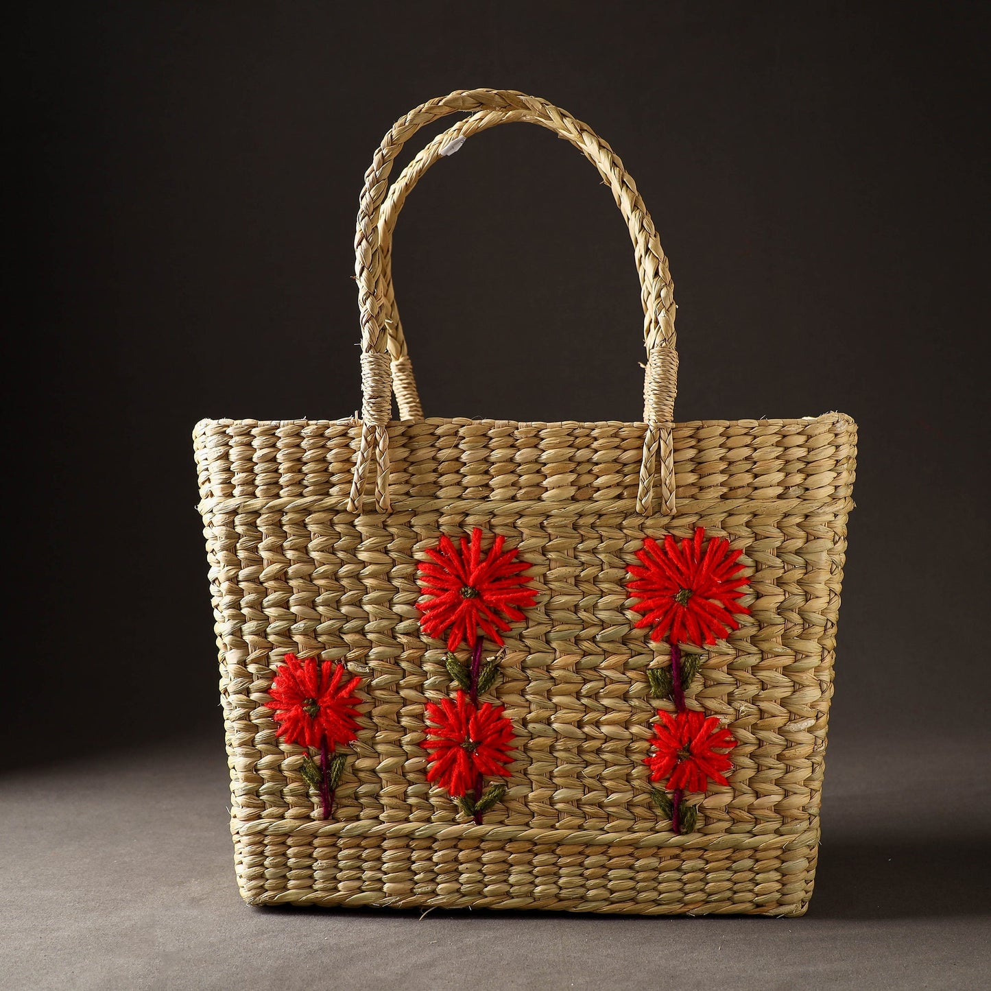 Beige Handcrafted Natural Water Reed Embroidered Shopping Bag