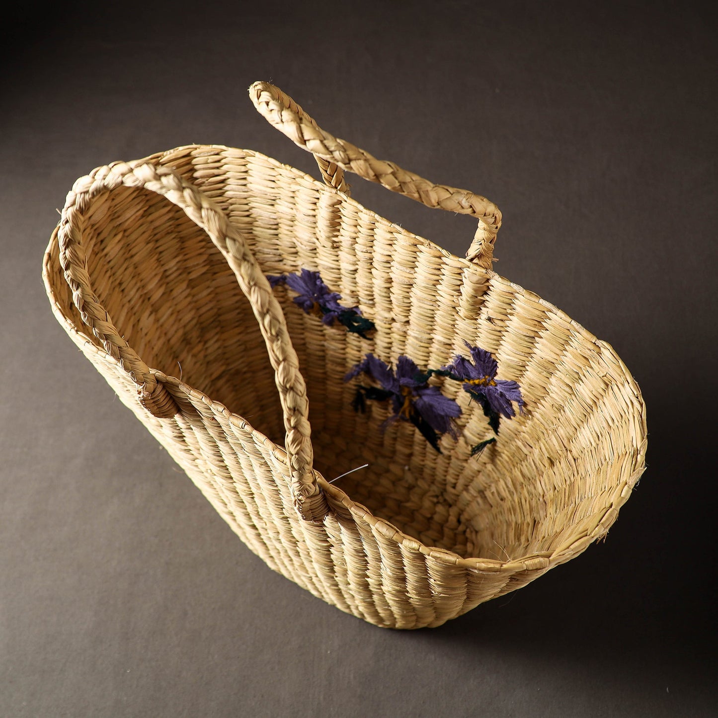 Beige Handcrafted Natural Water Reed Embroidered Shopping Bag