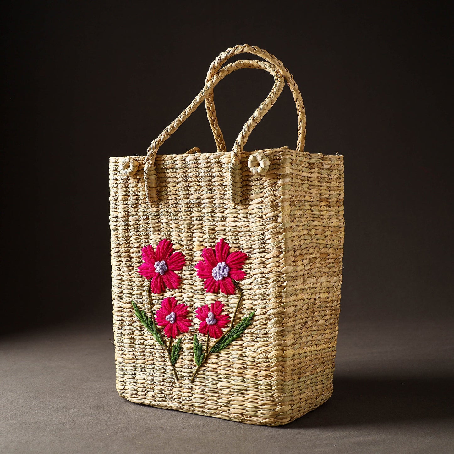Beige Handcrafted Natural Water Reed Embroidered Shopping Bag