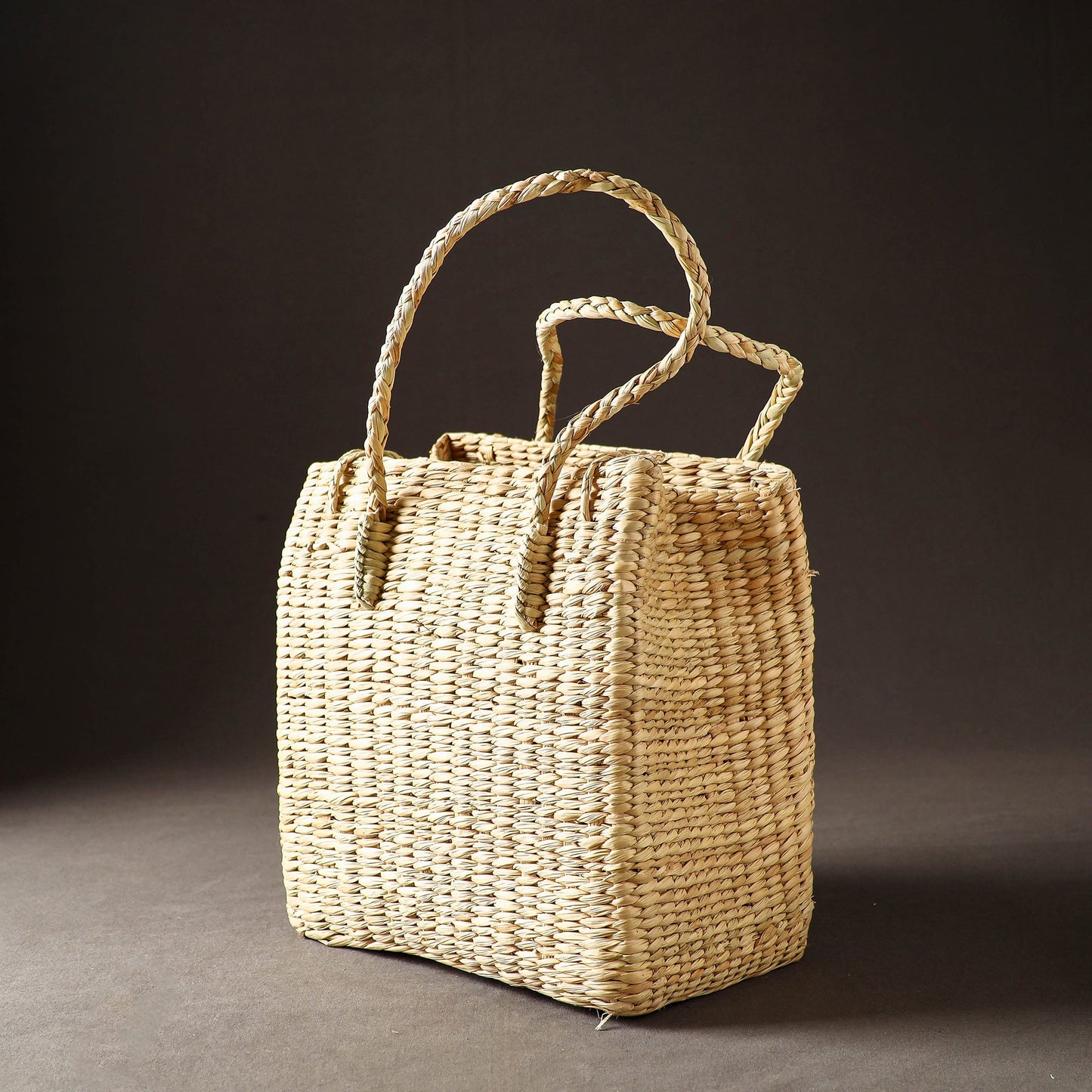 Beige Handcrafted Natural Water Reed Embroidered Shopping