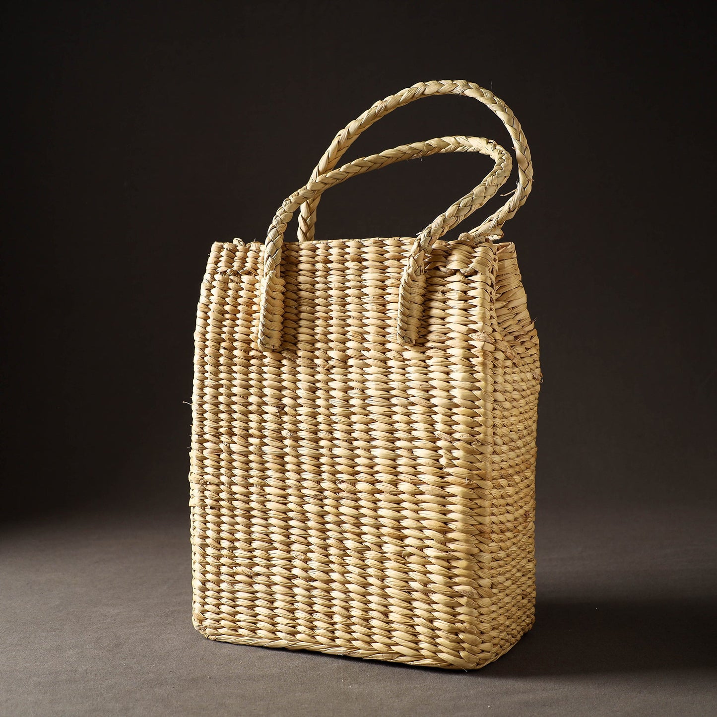 Beige Handcrafted Natural Water Reed Embroidered Shopping Bag