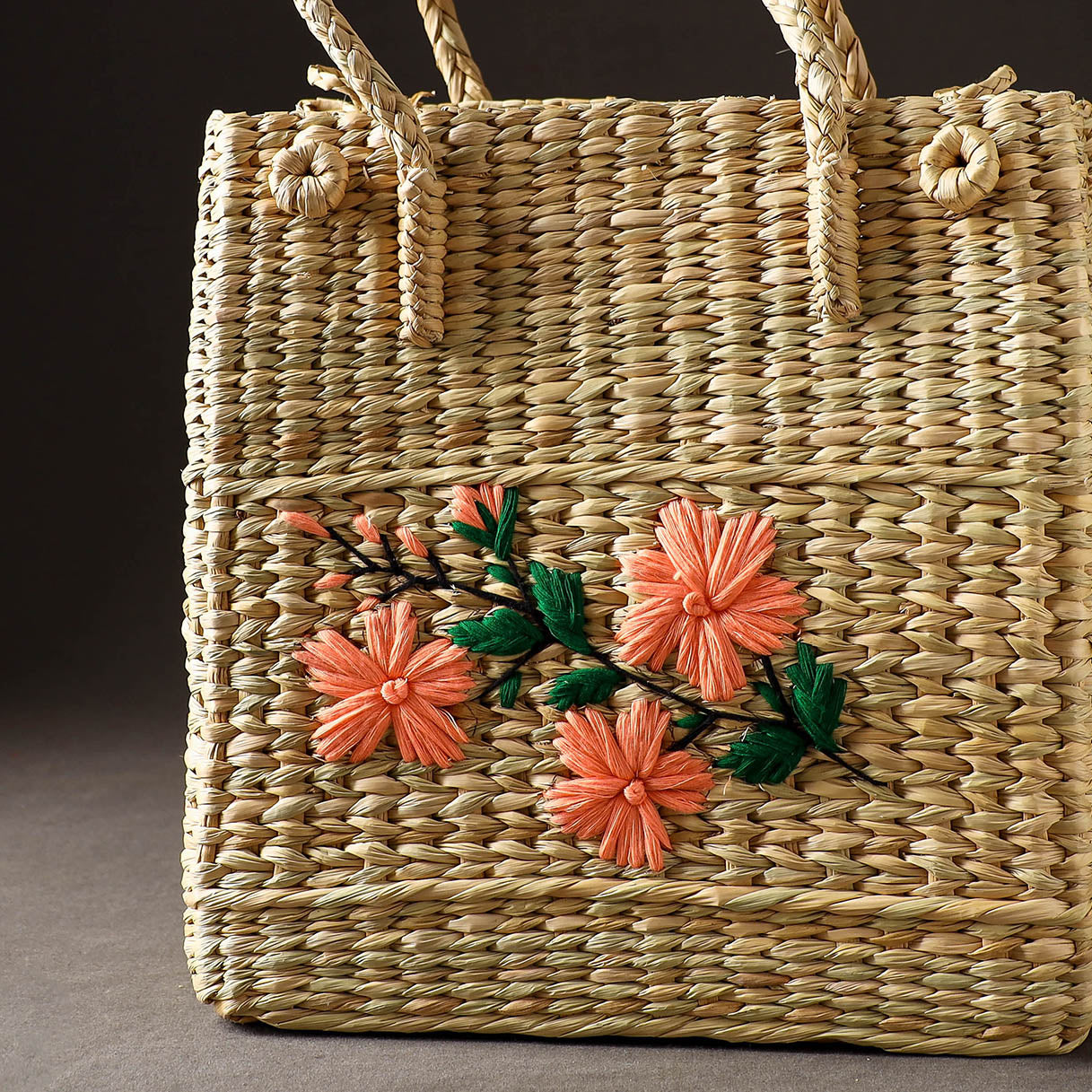 Beige Handcrafted Natural Water Reed Embroidered Shopping Bag
