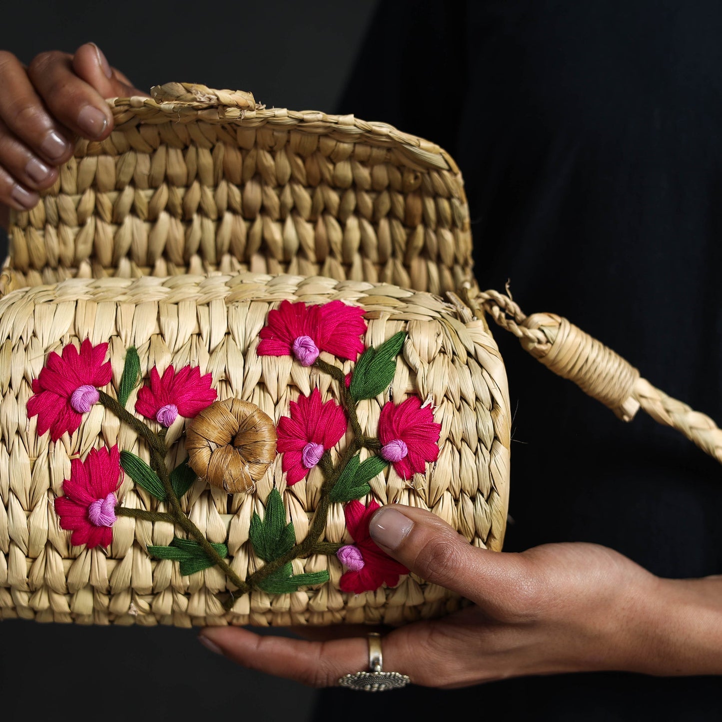 Pink Handcrafted Natural Water Reed Embroidered Sling Bag