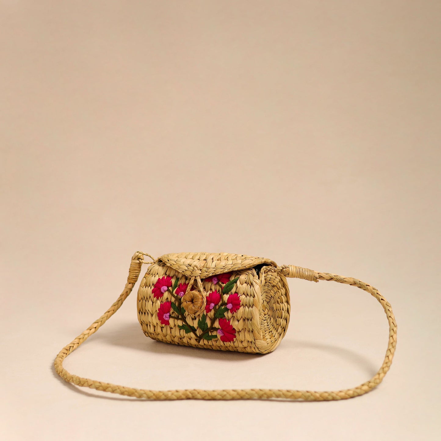 Pink Handcrafted Natural Water Reed Embroidered Sling Bag