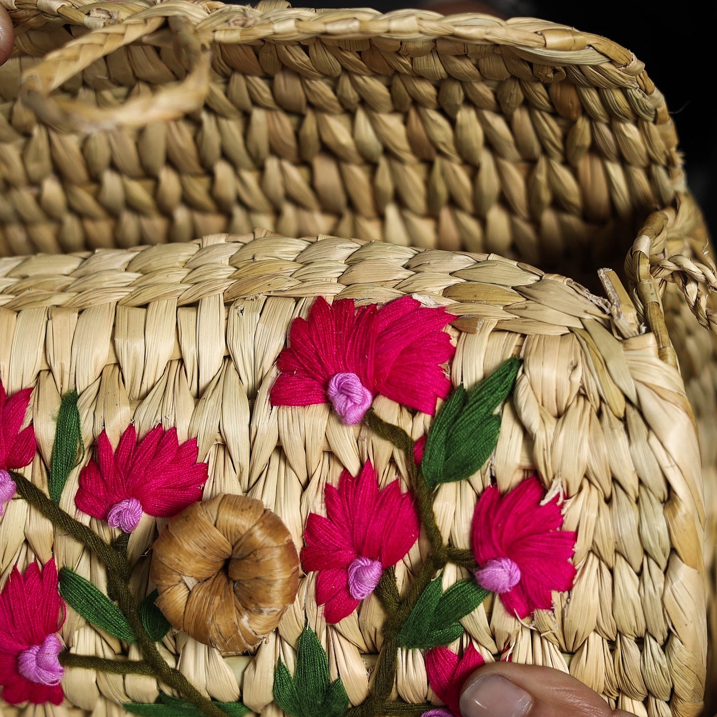 Pink Handcrafted Natural Water Reed Embroidered Sling Bag