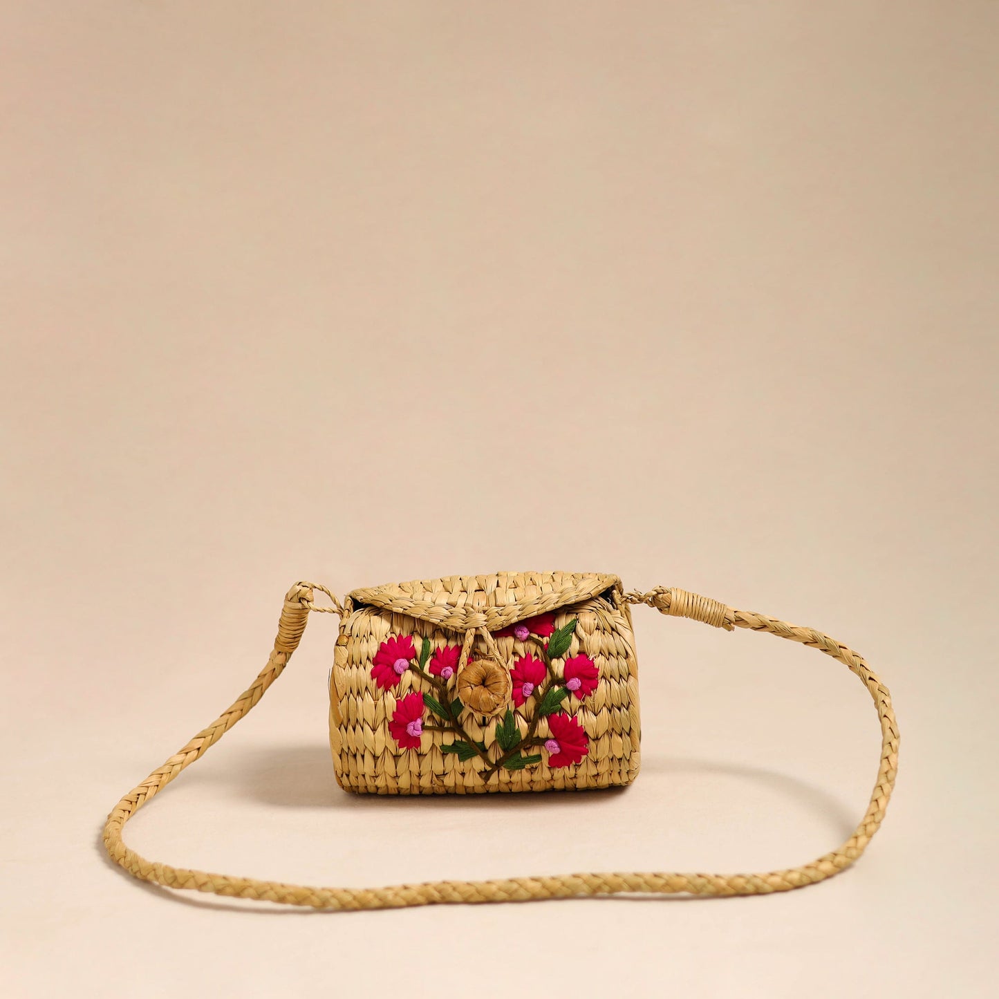 Pink Handcrafted Natural Water Reed Embroidered Sling Bag
