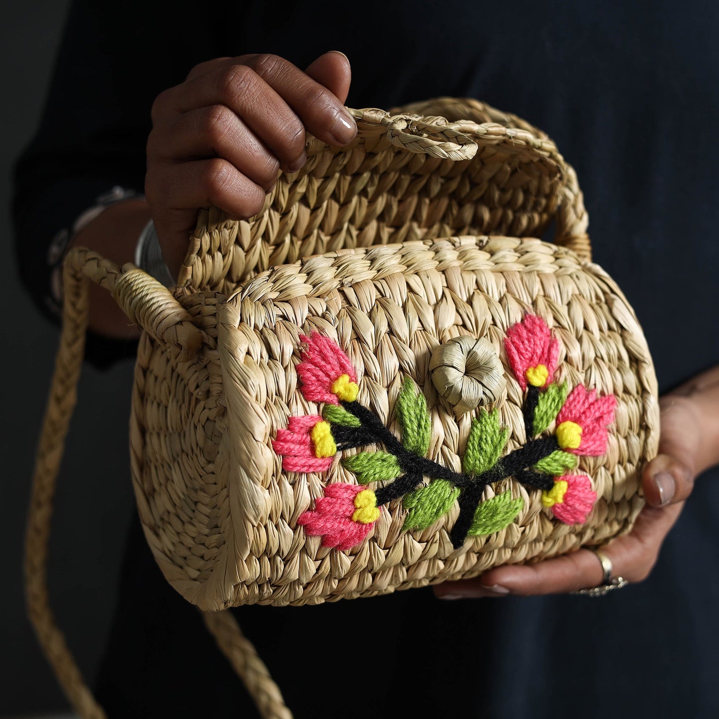 Beige Handcrafted Natural Water Reed Embroidered Sling Bag