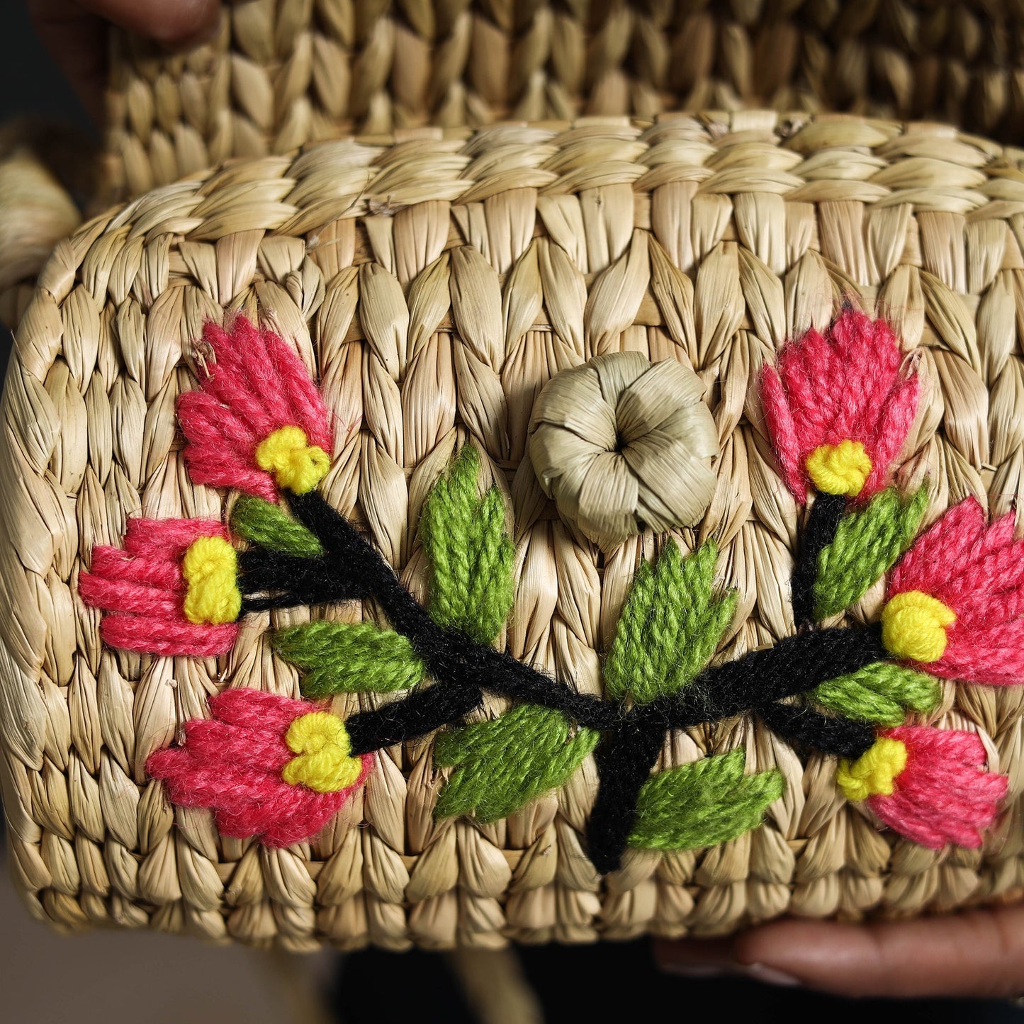 Beige Handcrafted Natural Water Reed Embroidered Sling Bag