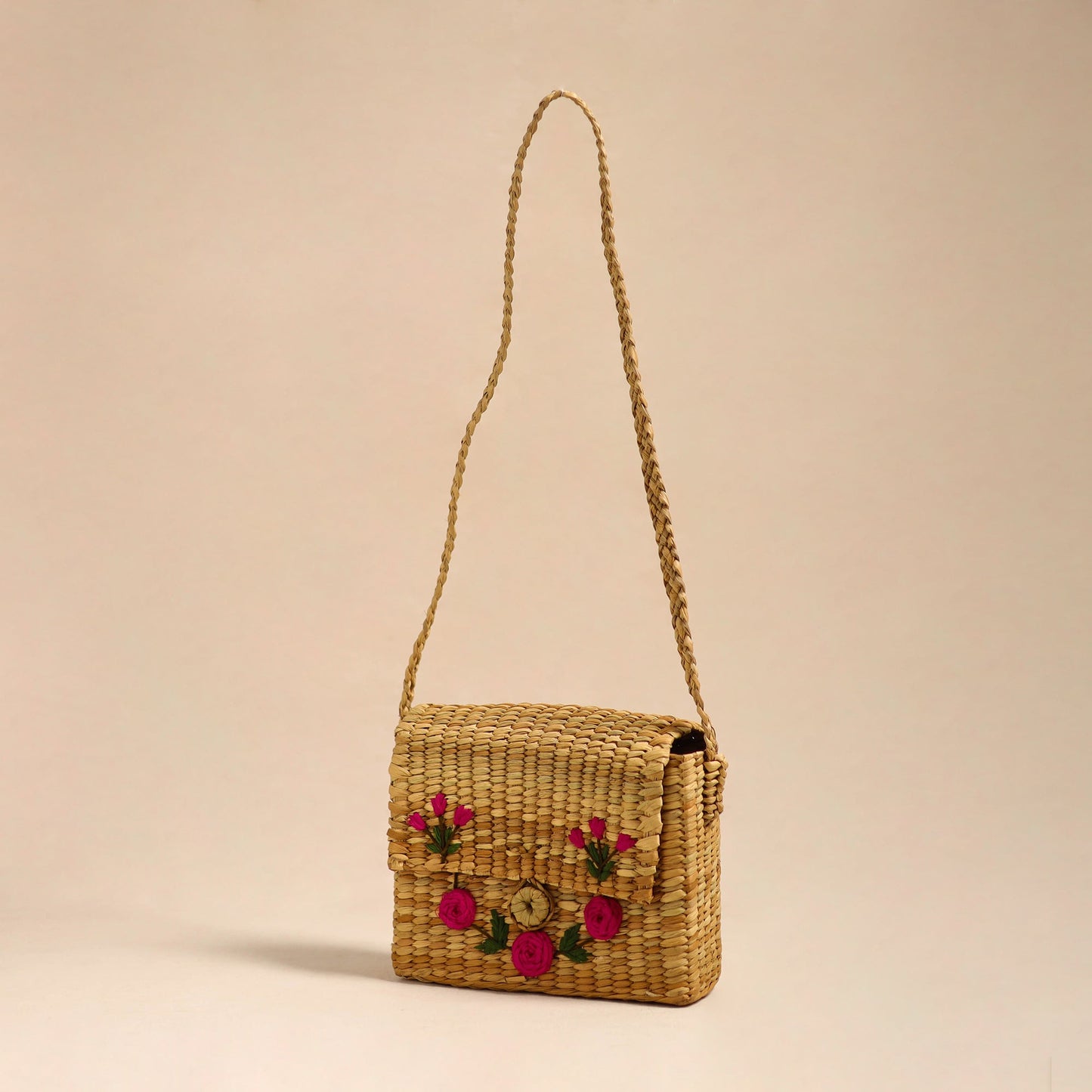 Pink Handcrafted Natural Water Reed Embroidered Sling Bag