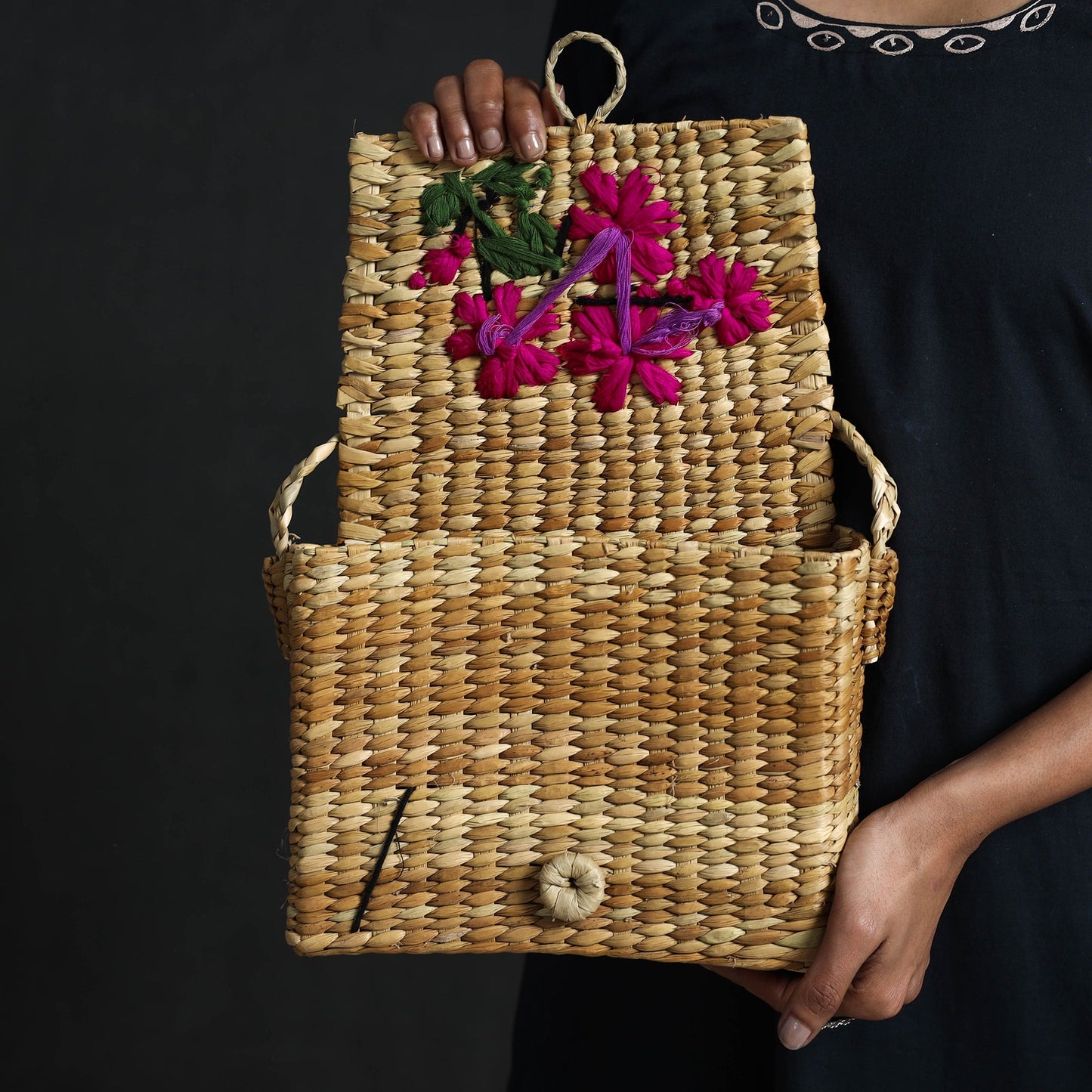 Beige - handcrafted natural water reed embroidered sling