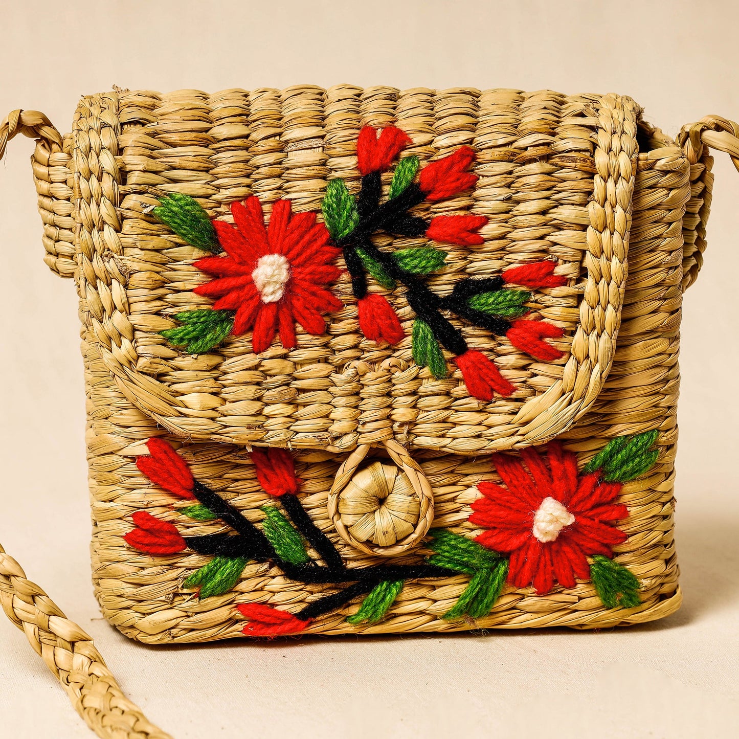 Beige Handcrafted Natural Water Reed Embroidered Sling Bag