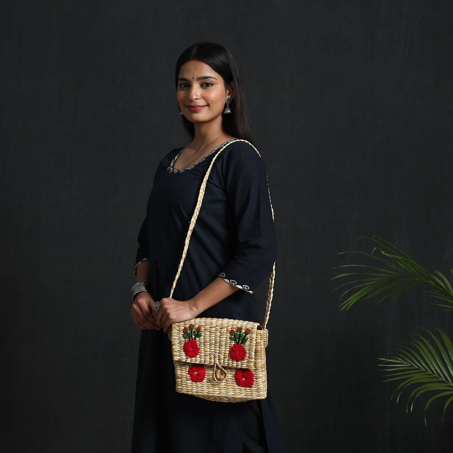 Beige Handcrafted Natural Water Reed Embroidered Sling Bag
