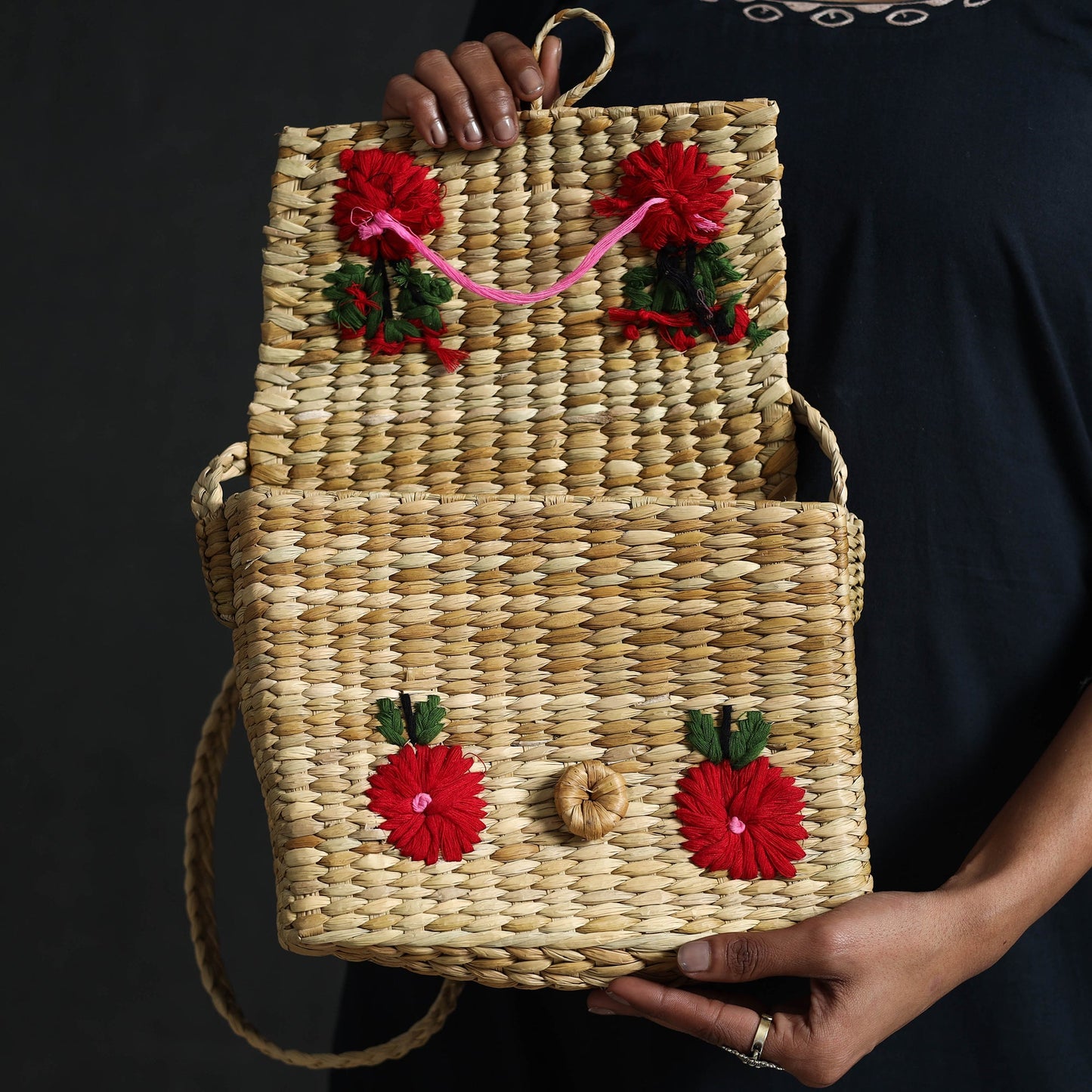 Beige Handcrafted Natural Water Reed Embroidered Sling Bag