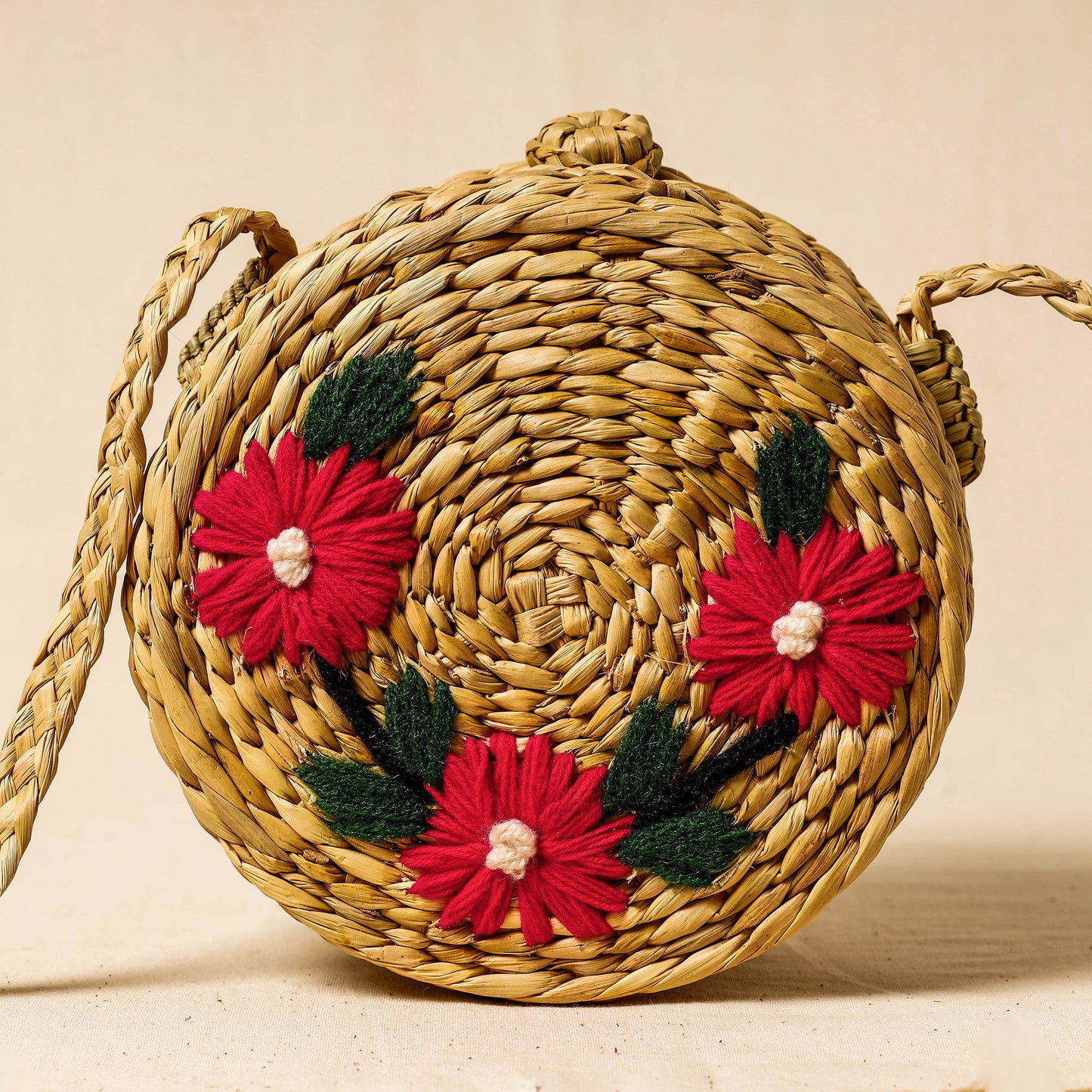 Beige Handcrafted Natural Water Reed Embroidered Sling Bag