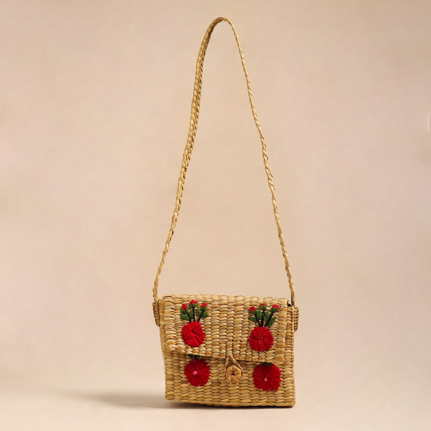 Beige Handcrafted Natural Water Reed Embroidered Sling Bag