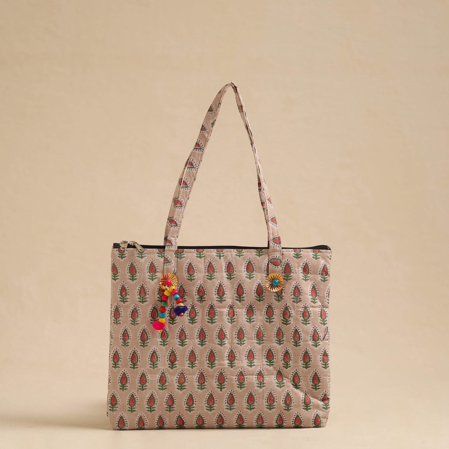Beige Handcrafted Quilted Cotton Hand Bag