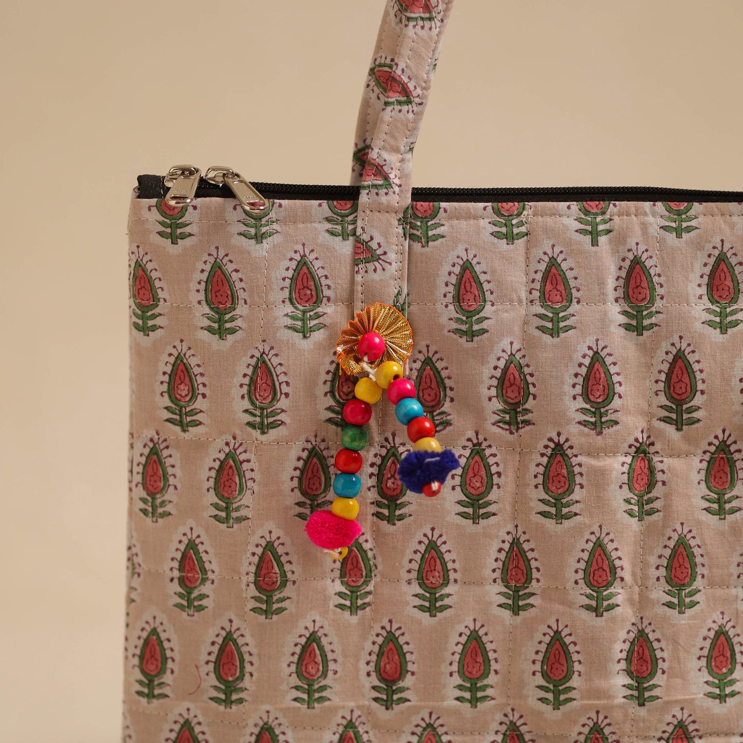 Beige Handcrafted Quilted Cotton Hand Bag