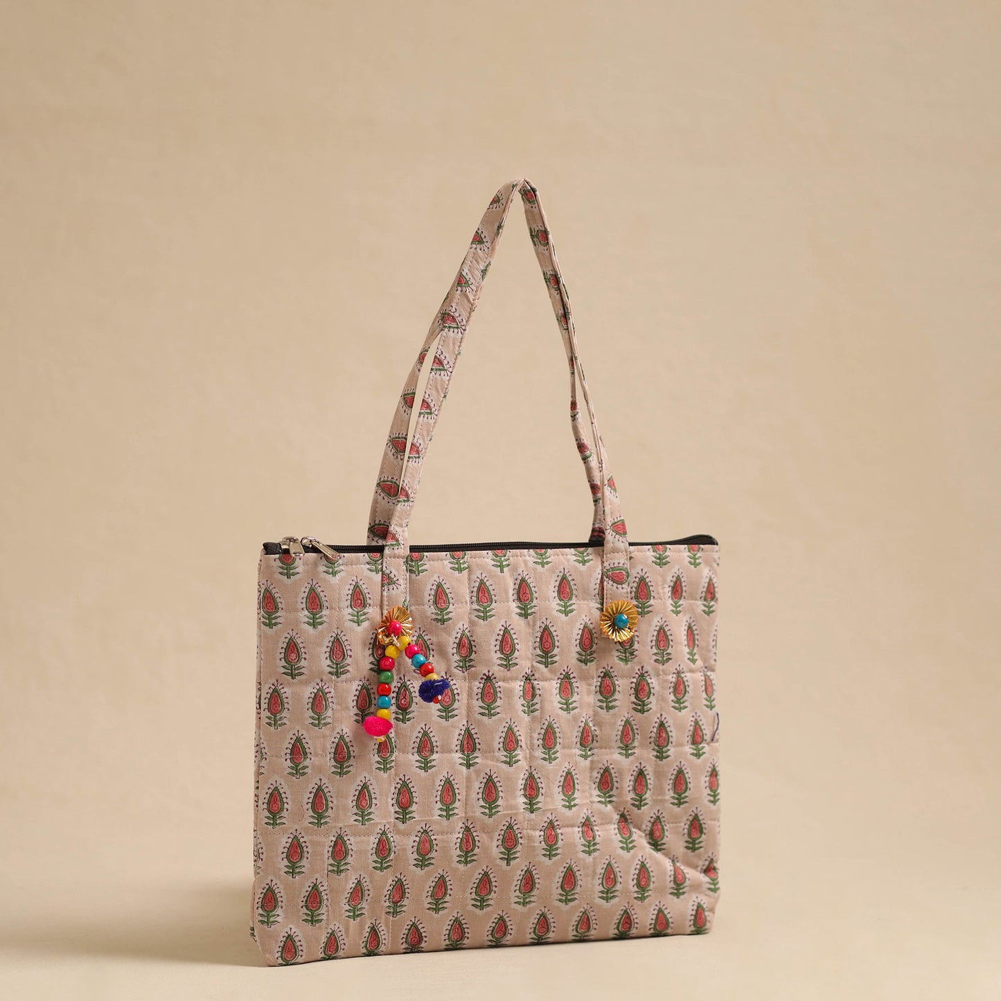 Beige Handcrafted Quilted Cotton Hand Bag