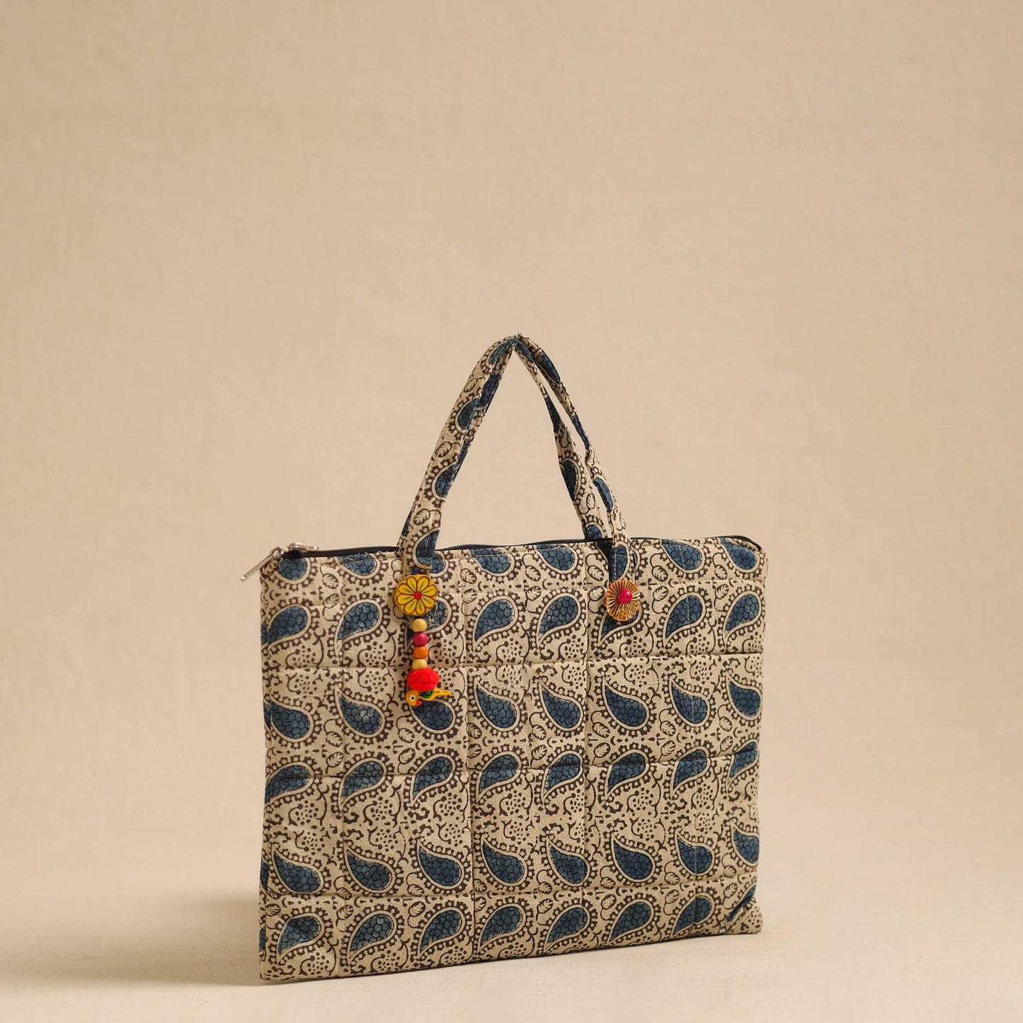 Beige Handcrafted Quilted Cotton Hand Bag