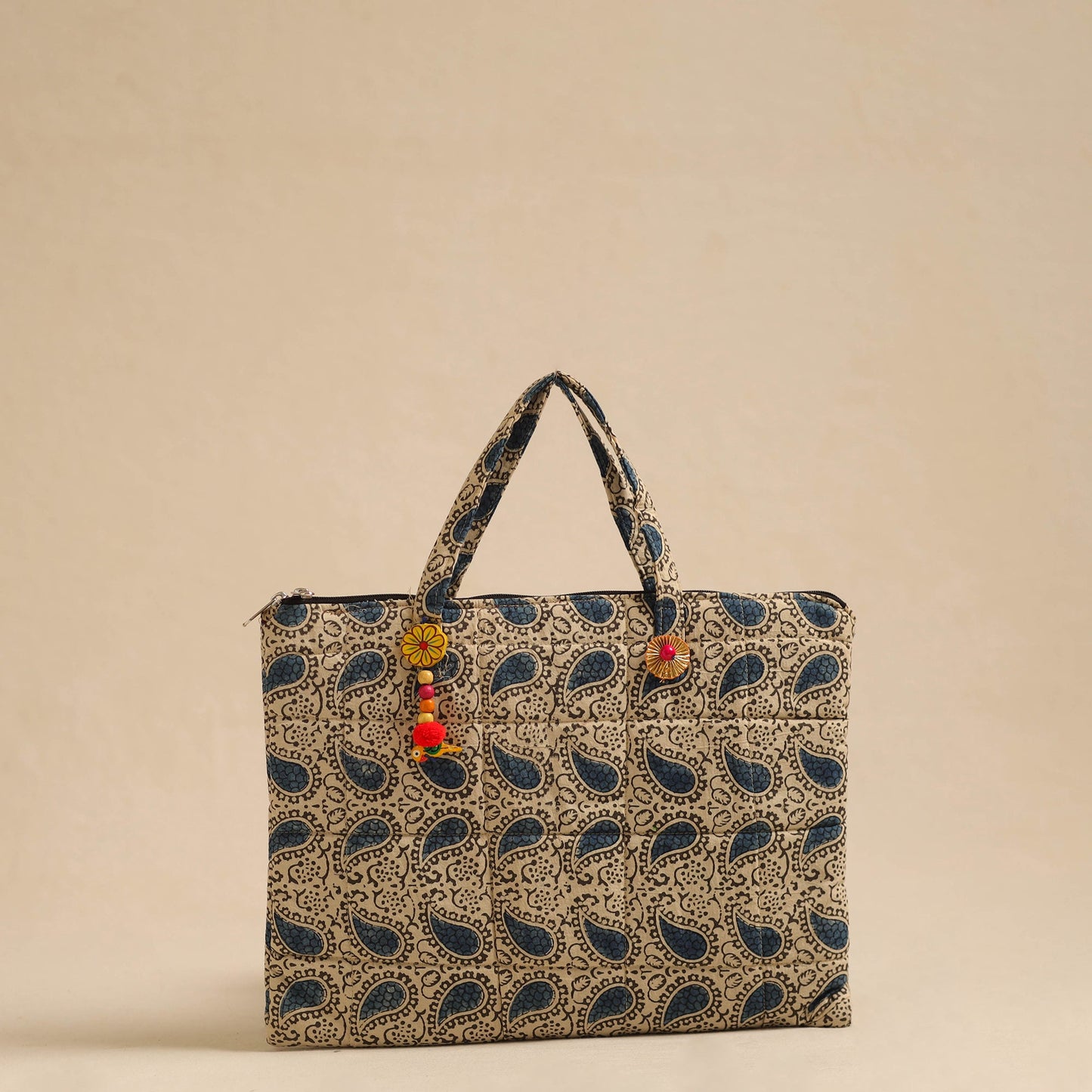 Beige Handcrafted Quilted Cotton Hand Bag