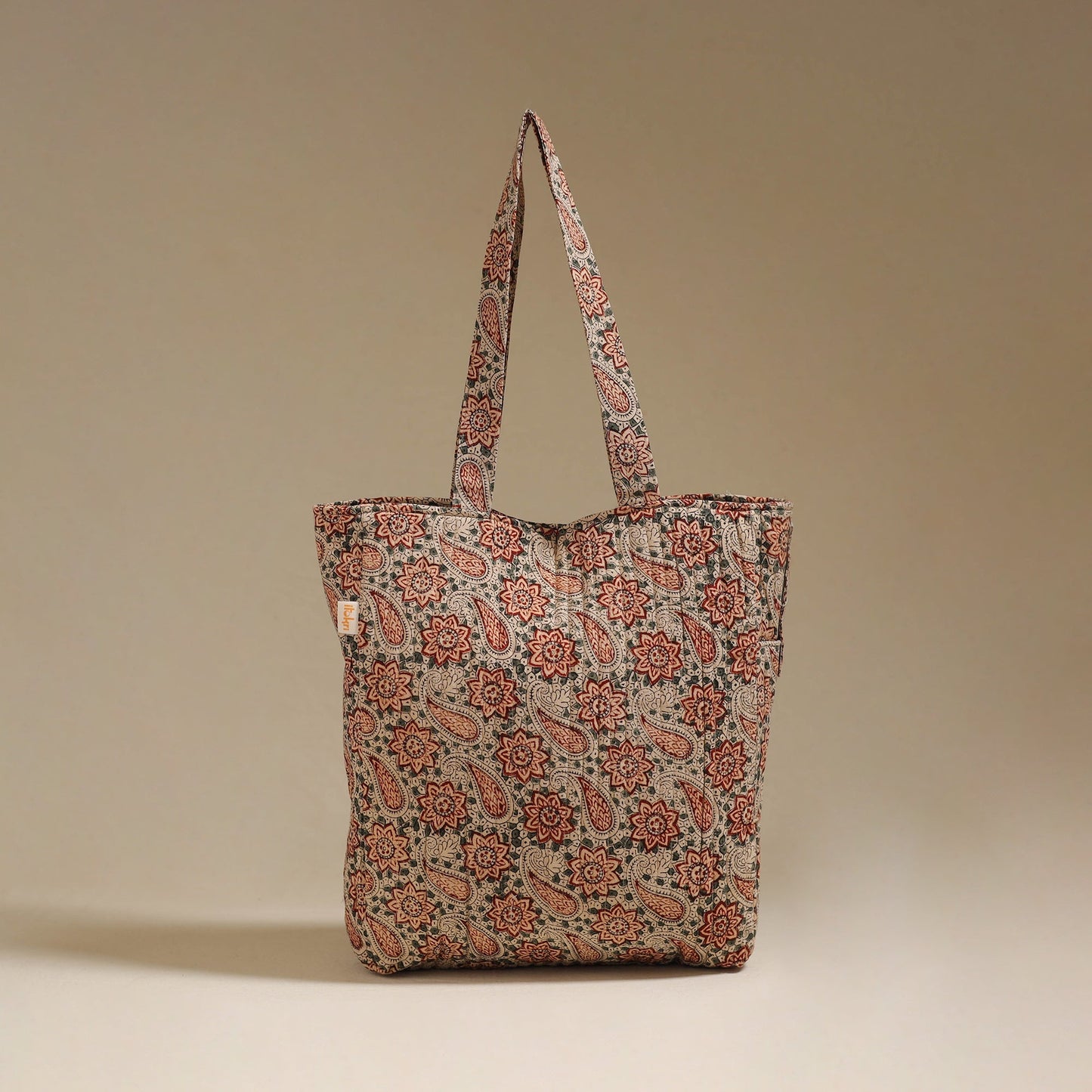 Handcrafted quilted kalamkari block printed fabric tote bag