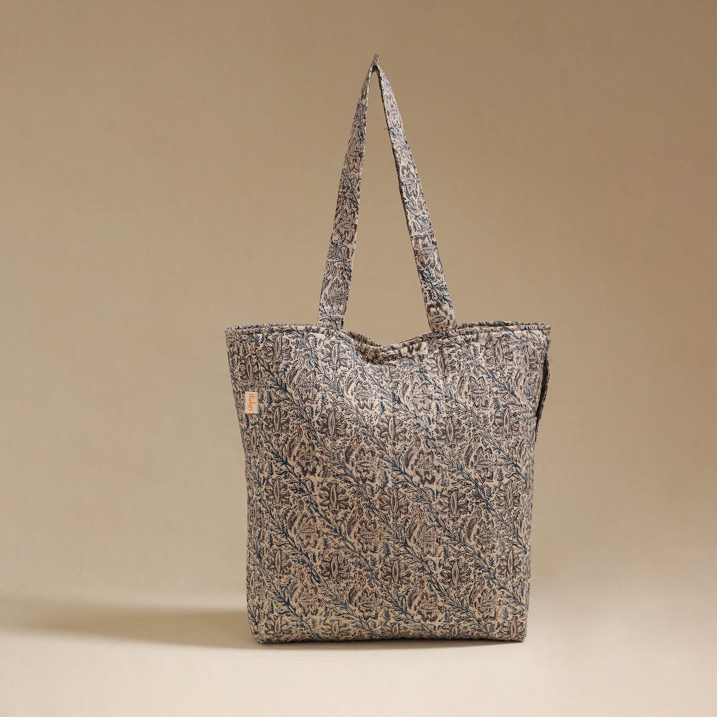 Handcrafted quilted kalamkari block printed fabric tote bag