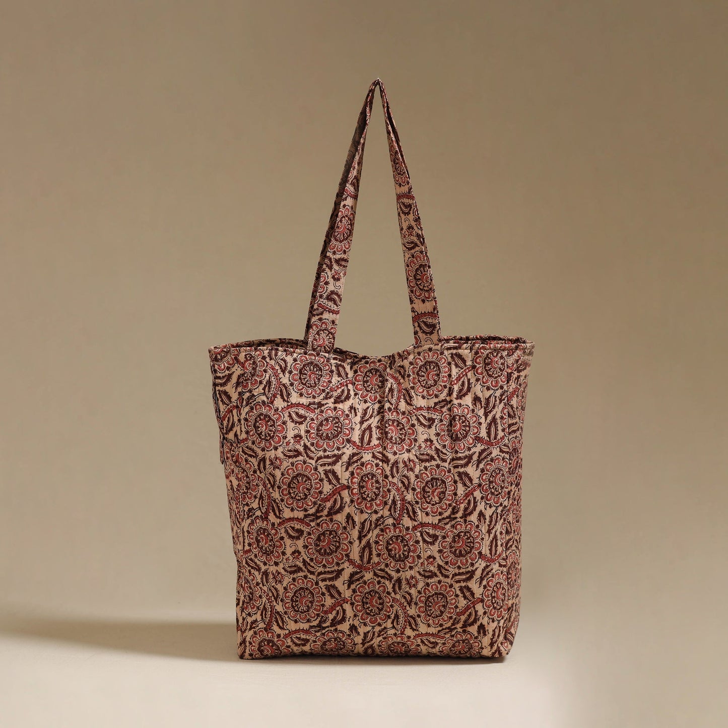 Handcrafted quilted kalamkari block printed fabric tote bag