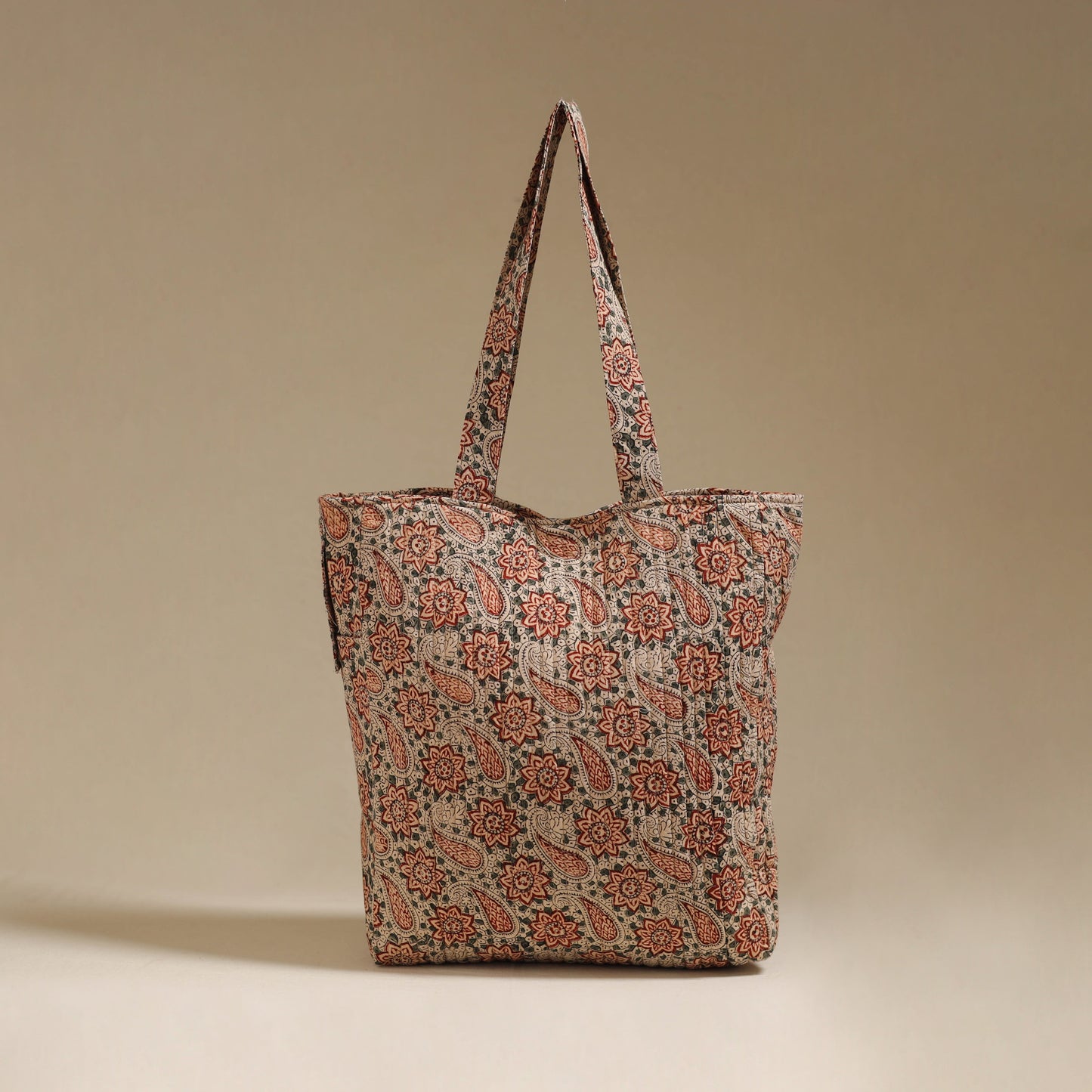 Handcrafted quilted kalamkari block printed fabric tote bag