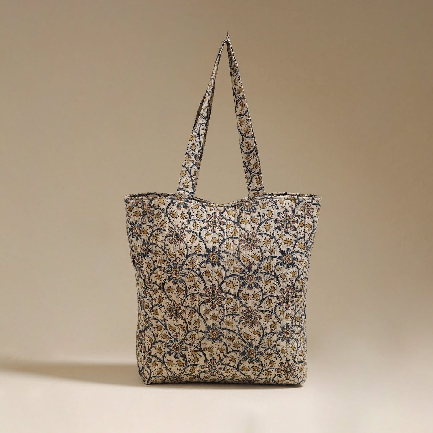 Handcrafted quilted kalamkari block printed fabric tote bag